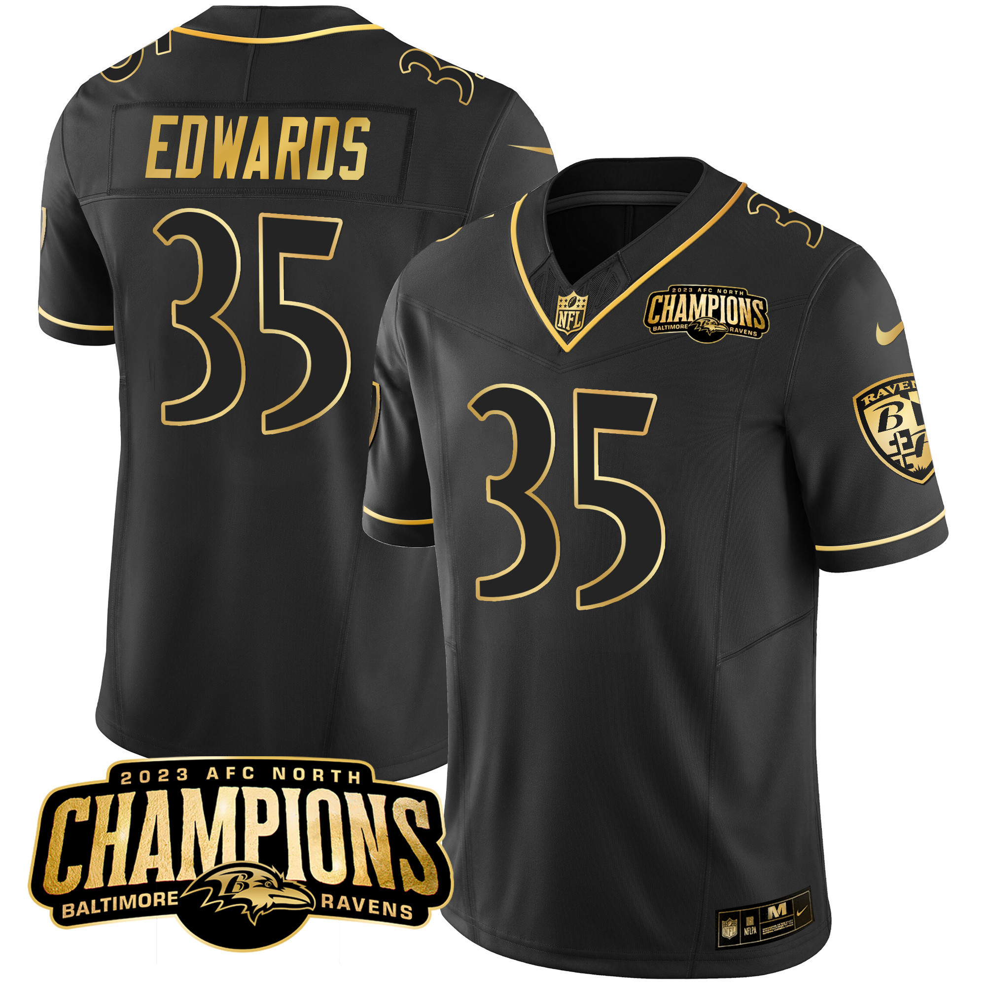 Gus Edwards Men's Baltimore Ravens 2023 Afc North Champions Patch Gold Vapor Black Gold Jersey All Stitched