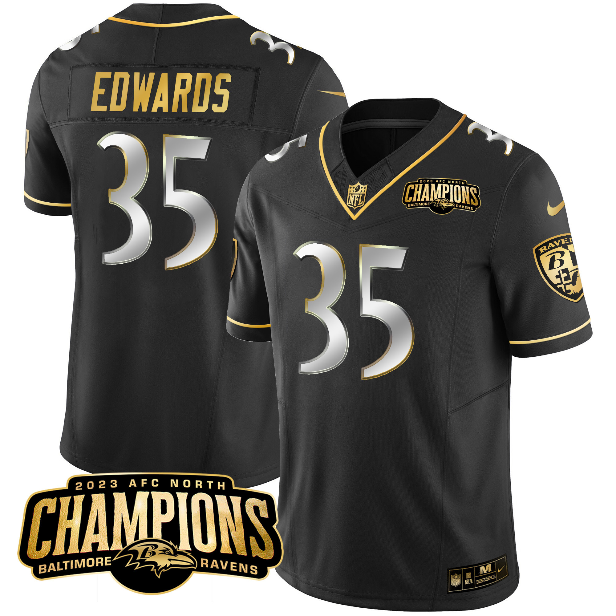 Gus Edwards Men's Baltimore Ravens 2023 Afc North Champions Patch Gold Vapor Black Limited Jersey All Stitched
