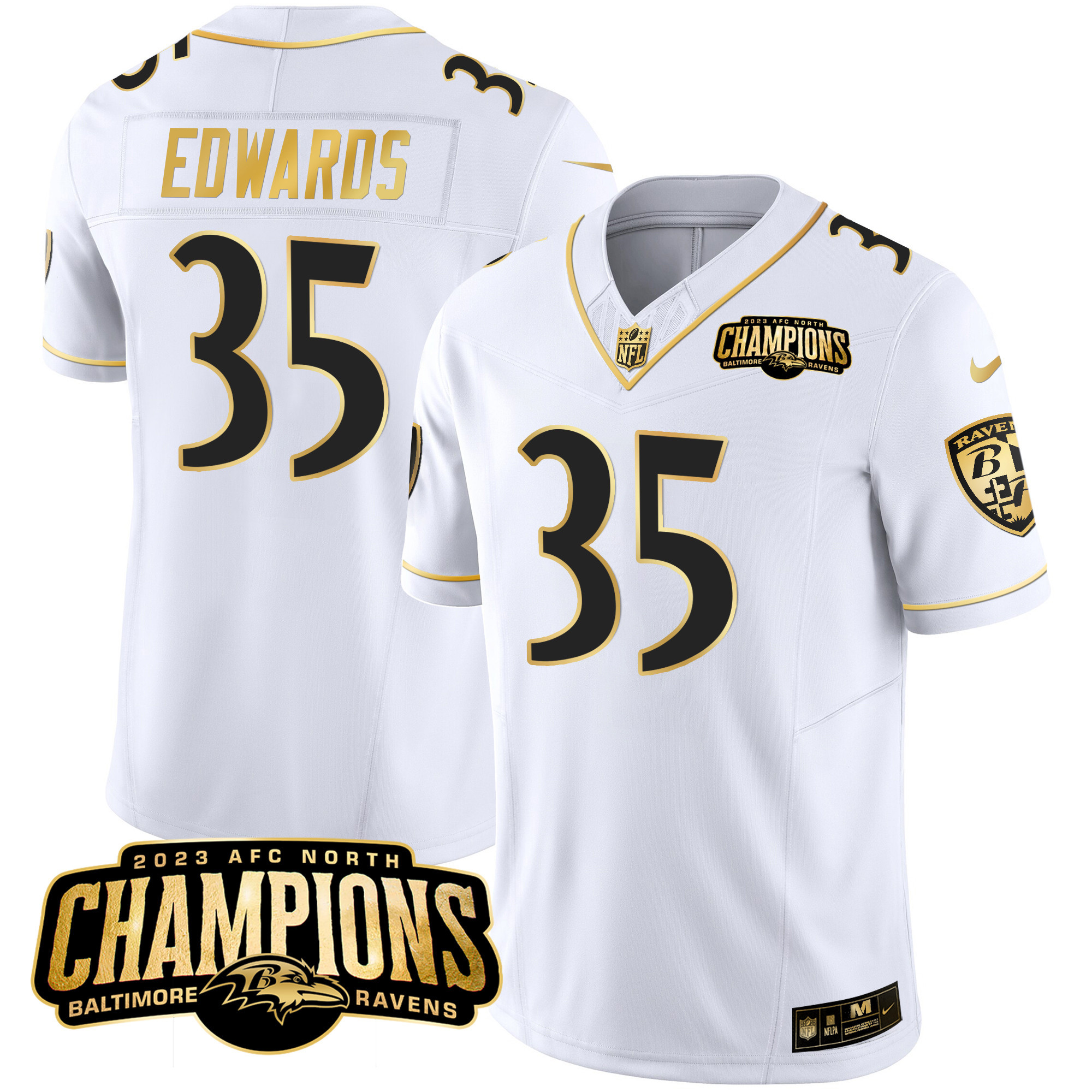 Gus Edwards Men's Baltimore Ravens 2023 Afc North Champions Patch Gold Vapor White Gold Jersey All Stitched
