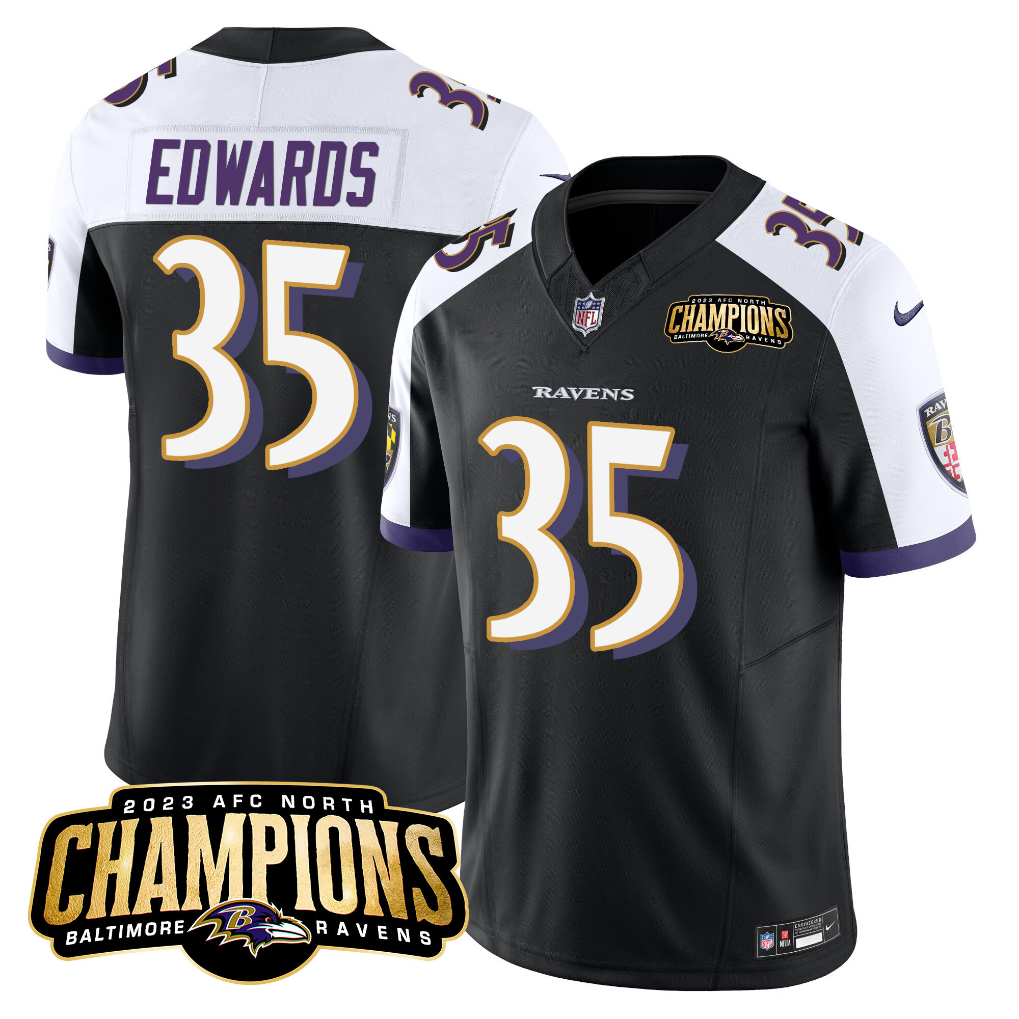 Gus Edwards Men's Baltimore Ravens 2023 Afc North Champions Patch Vapor Limited Black Alternate Jersey All Stitched