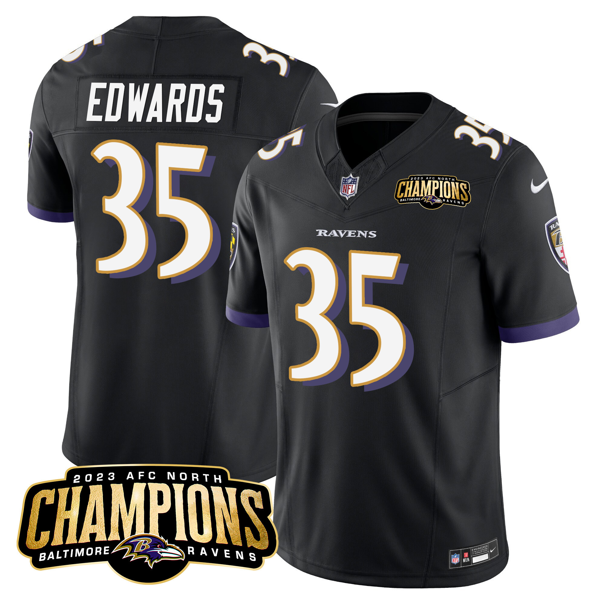 Gus Edwards Men's Baltimore Ravens 2023 Afc North Champions Patch Vapor Limited Black Jersey All Stitched