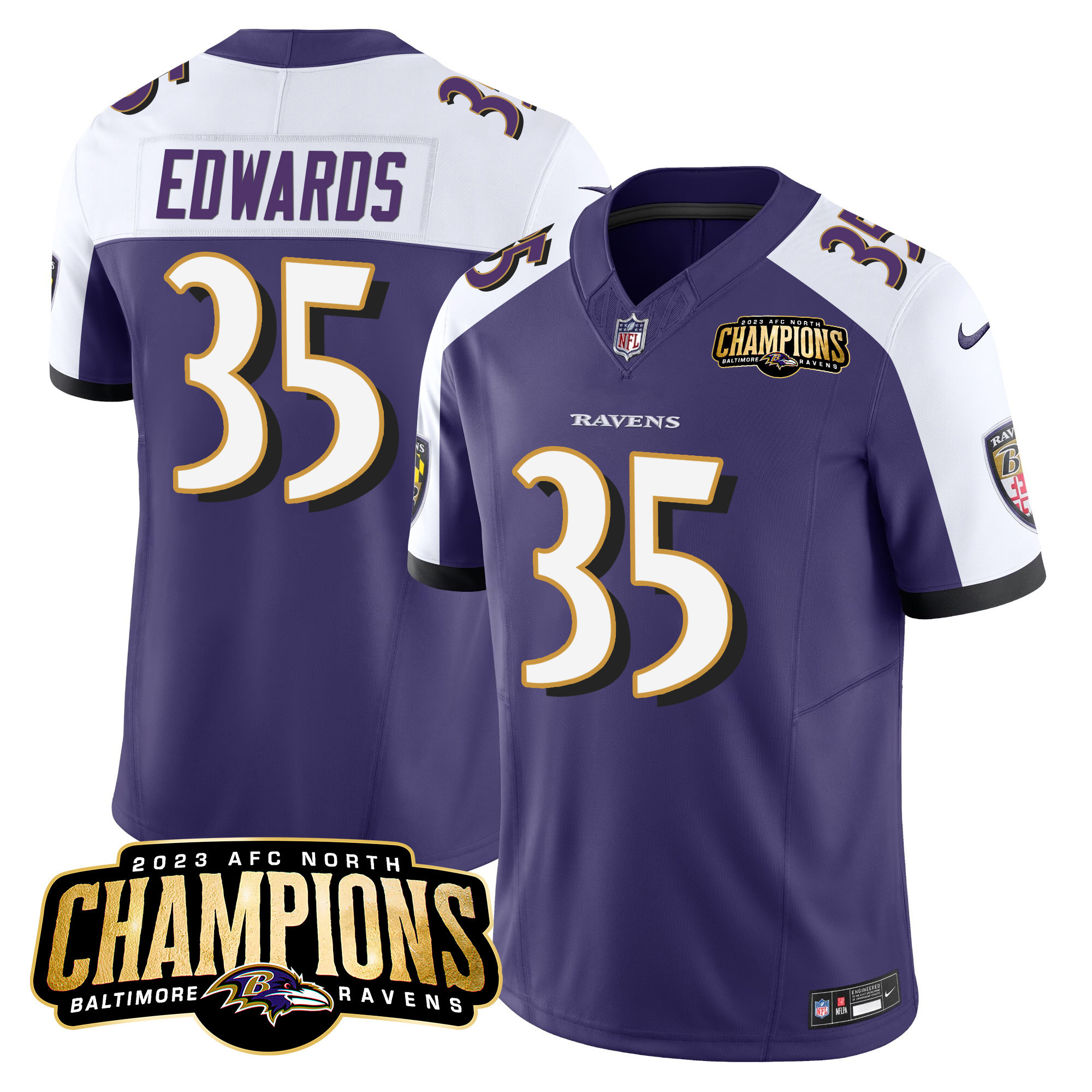 Gus Edwards Men's Baltimore Ravens 2023 Afc North Champions Patch Vapor Limited Purple Alternate Jersey All Stitched