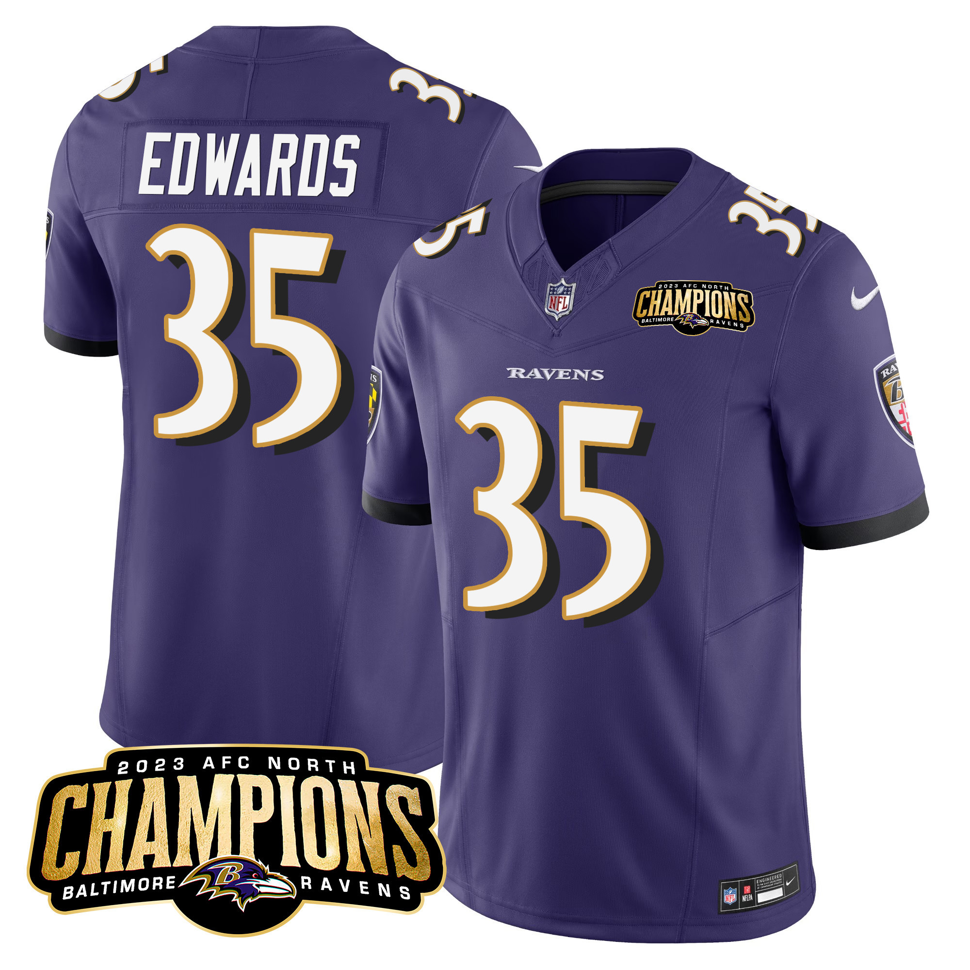 Gus Edwards Men's Baltimore Ravens 2023 Afc North Champions Patch Vapor Limited Purple Jersey All Stitched