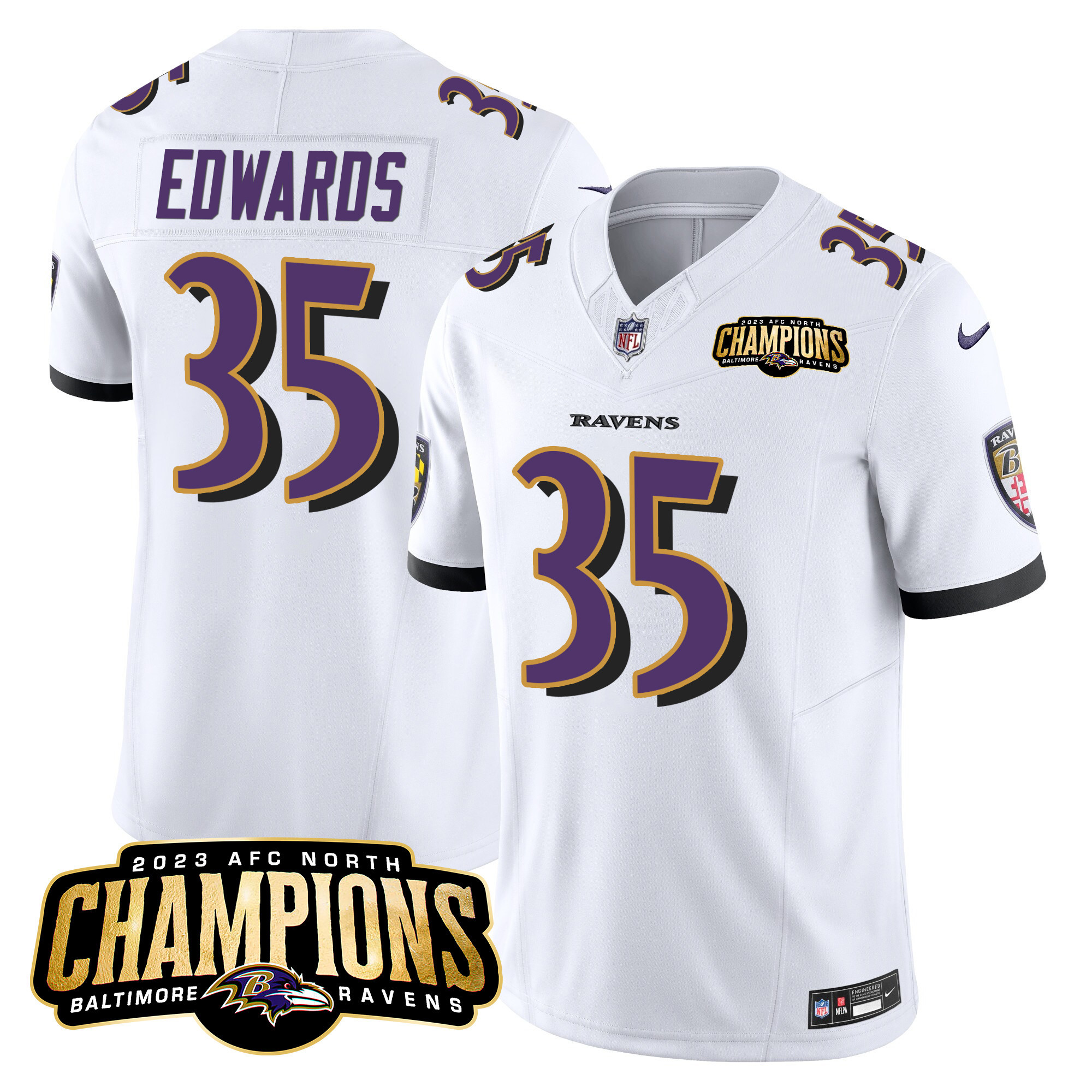 Gus Edwards Men's Baltimore Ravens 2023 Afc North Champions Patch Vapor Limited White Jersey All Stitched