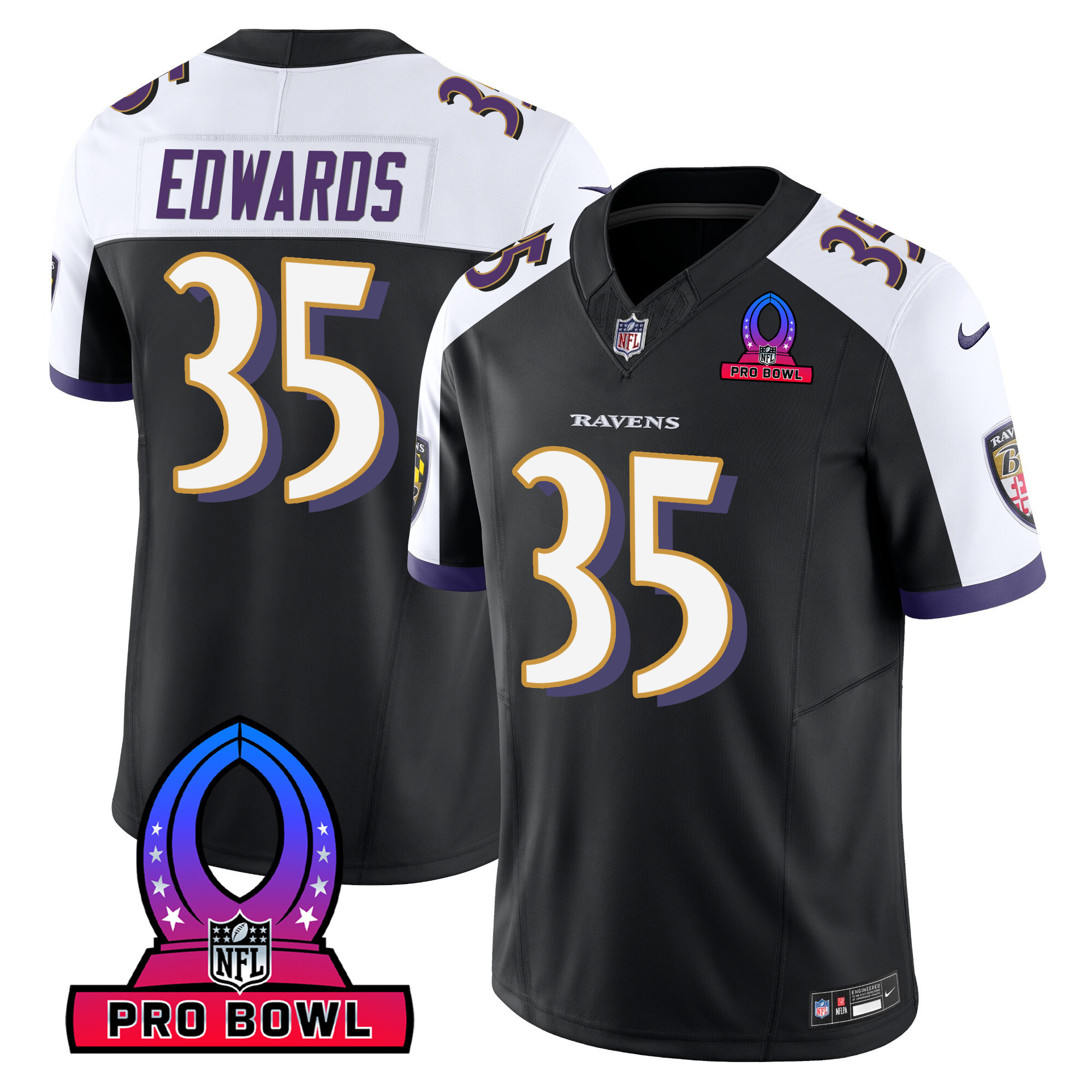 Gus Edwards Men's Baltimore Ravens 2024 Pro Bowl Patch Vapor Black Alternate Jersey All Stitched