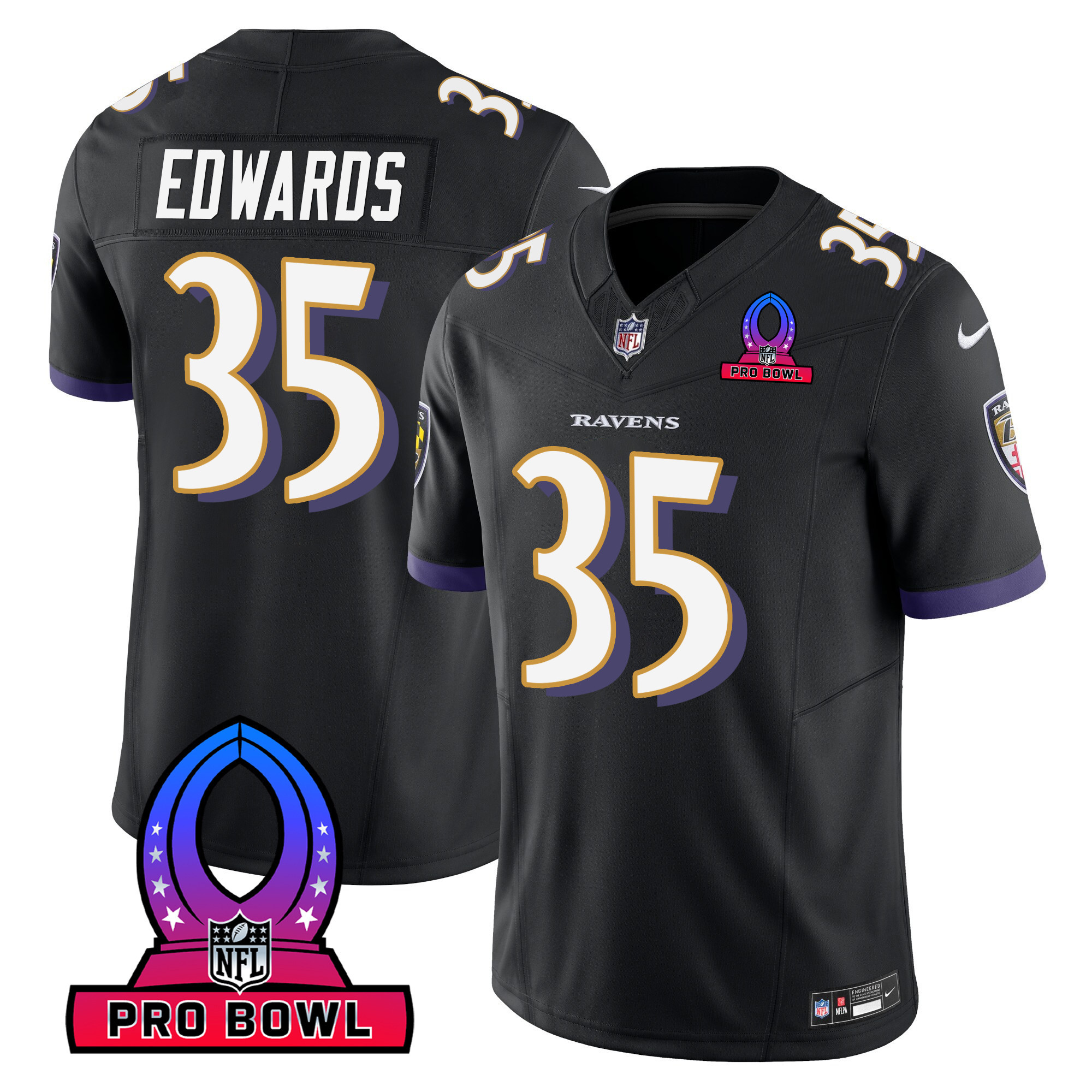 Gus Edwards Men's Baltimore Ravens 2024 Pro Bowl Patch Vapor Black Jersey All Stitched