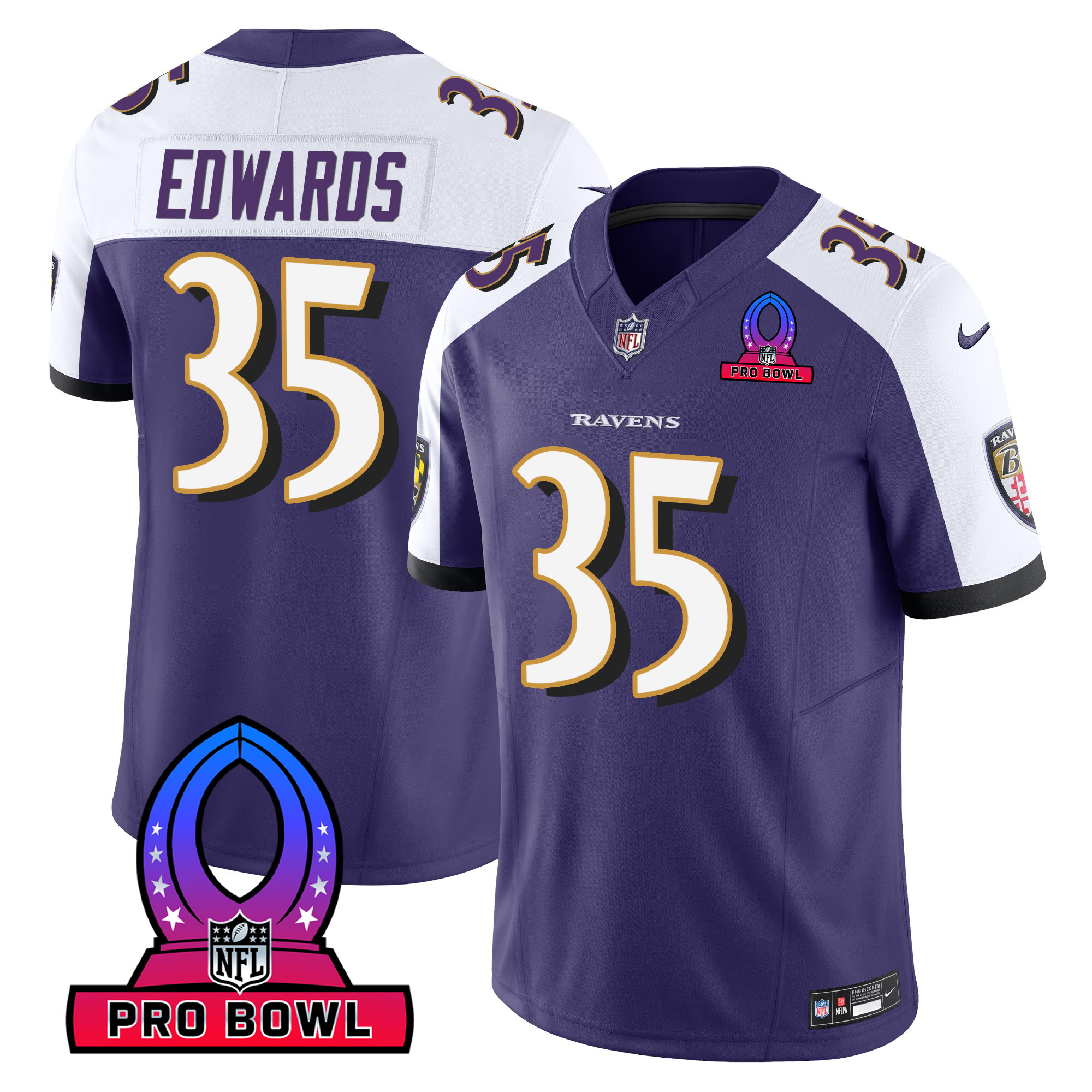 Gus Edwards Men's Baltimore Ravens 2024 Pro Bowl Patch Vapor Purple Alternate Jersey All Stitched