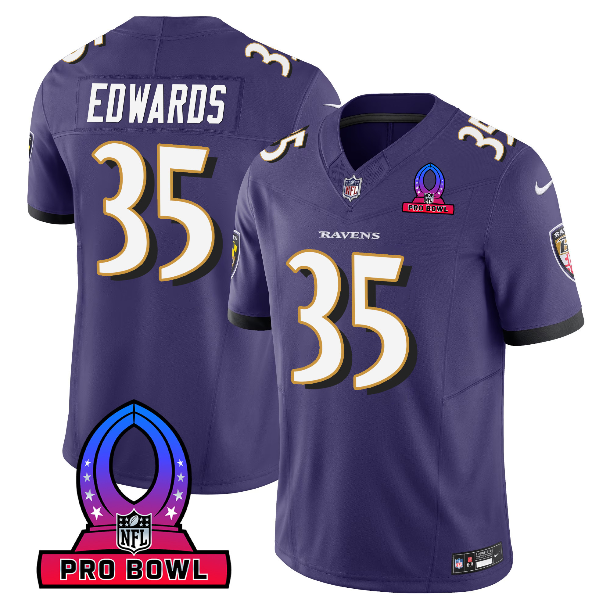 Gus Edwards Men's Baltimore Ravens 2024 Pro Bowl Patch Vapor Purple Jersey All Stitched