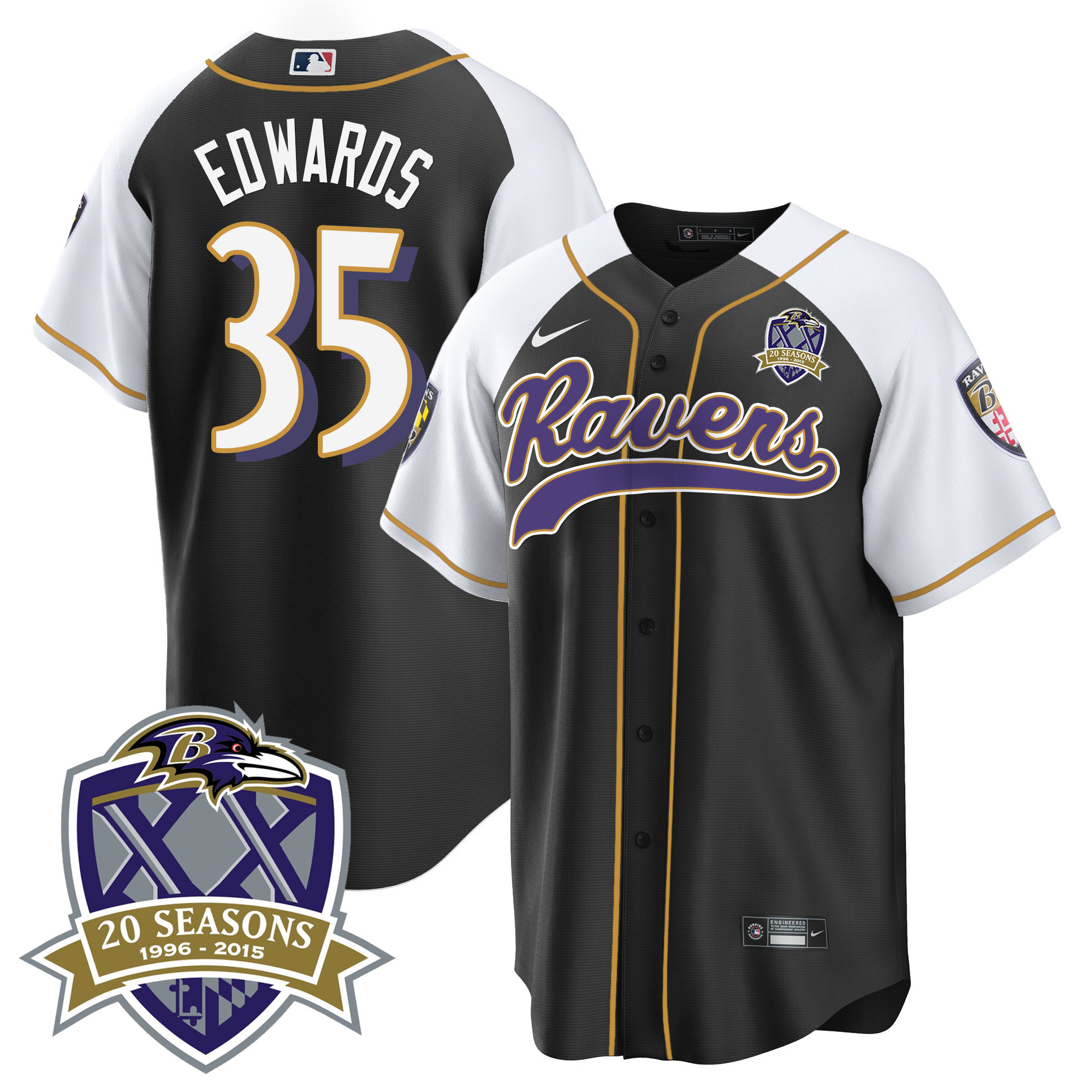 Gus Edwards Men's Baltimore Ravens 20Th Season Patch Baseball Black Alternate Jersey All Stitched
