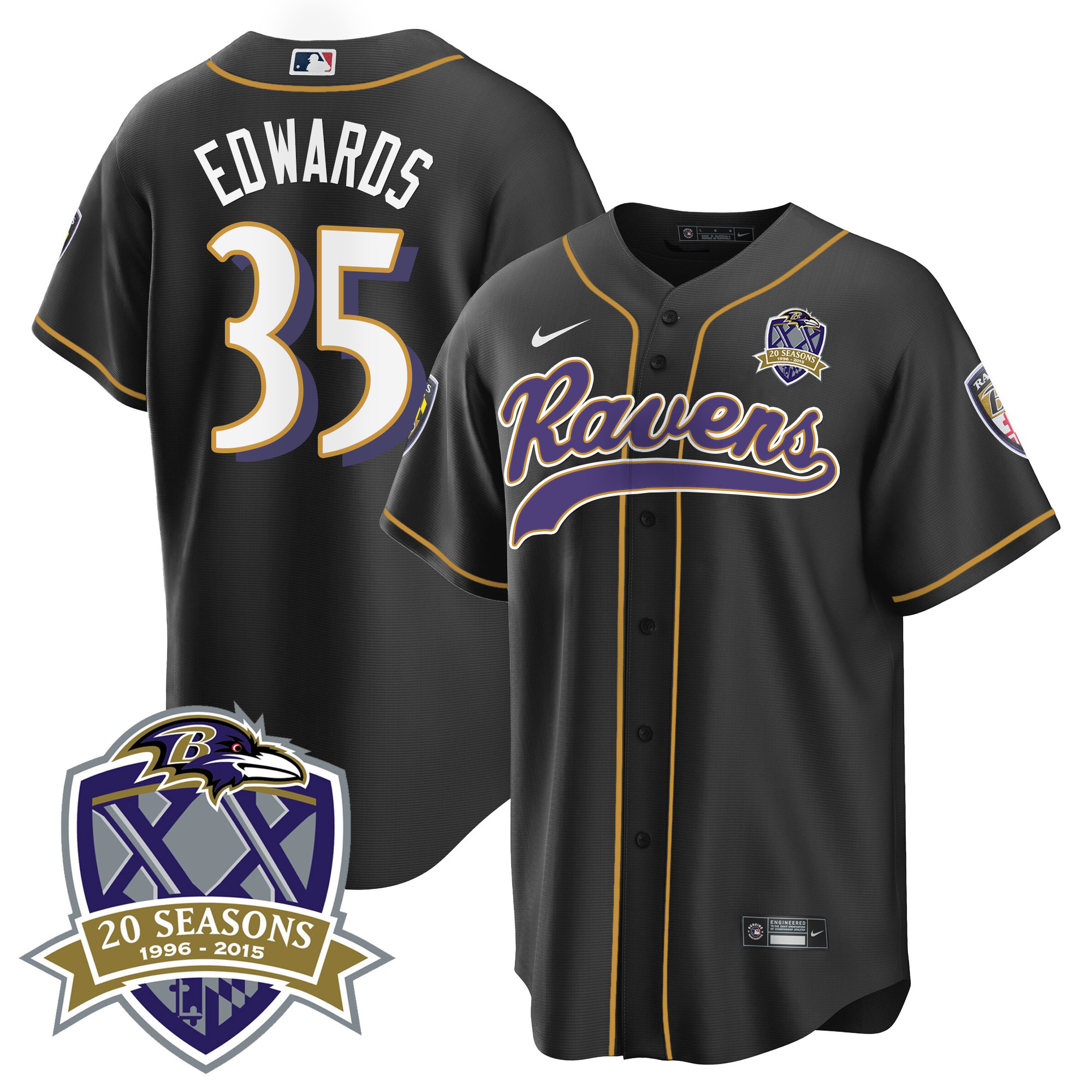 Gus Edwards Men's Baltimore Ravens 20Th Season Patch Baseball Black Jersey All Stitched