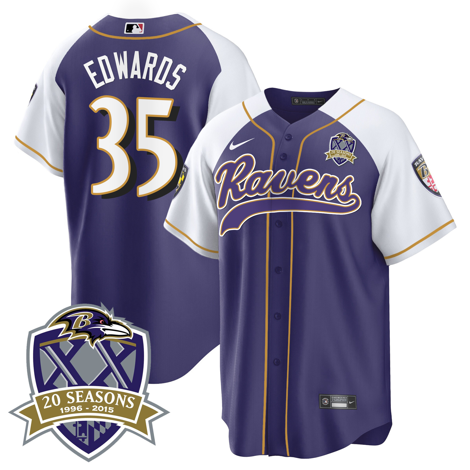 Gus Edwards Men's Baltimore Ravens 20Th Season Patch Baseball Purple Alternate Jersey All Stitched