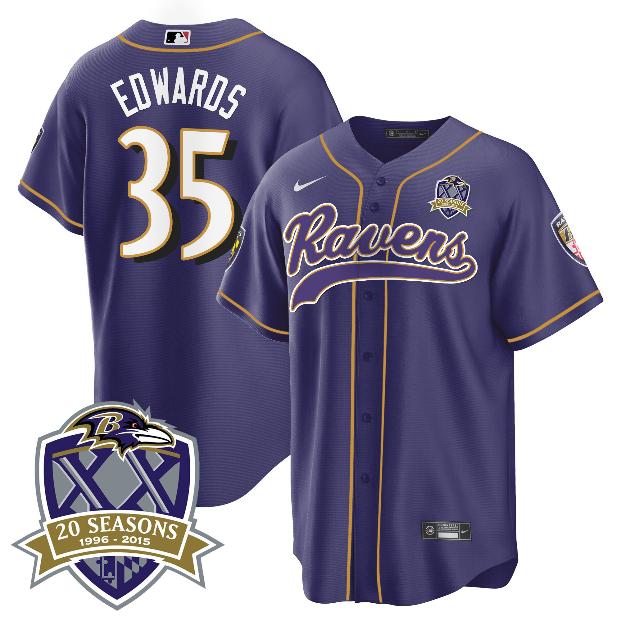 Gus Edwards Men's Baltimore Ravens 20Th Season Patch Baseball Purple Jersey All Stitched