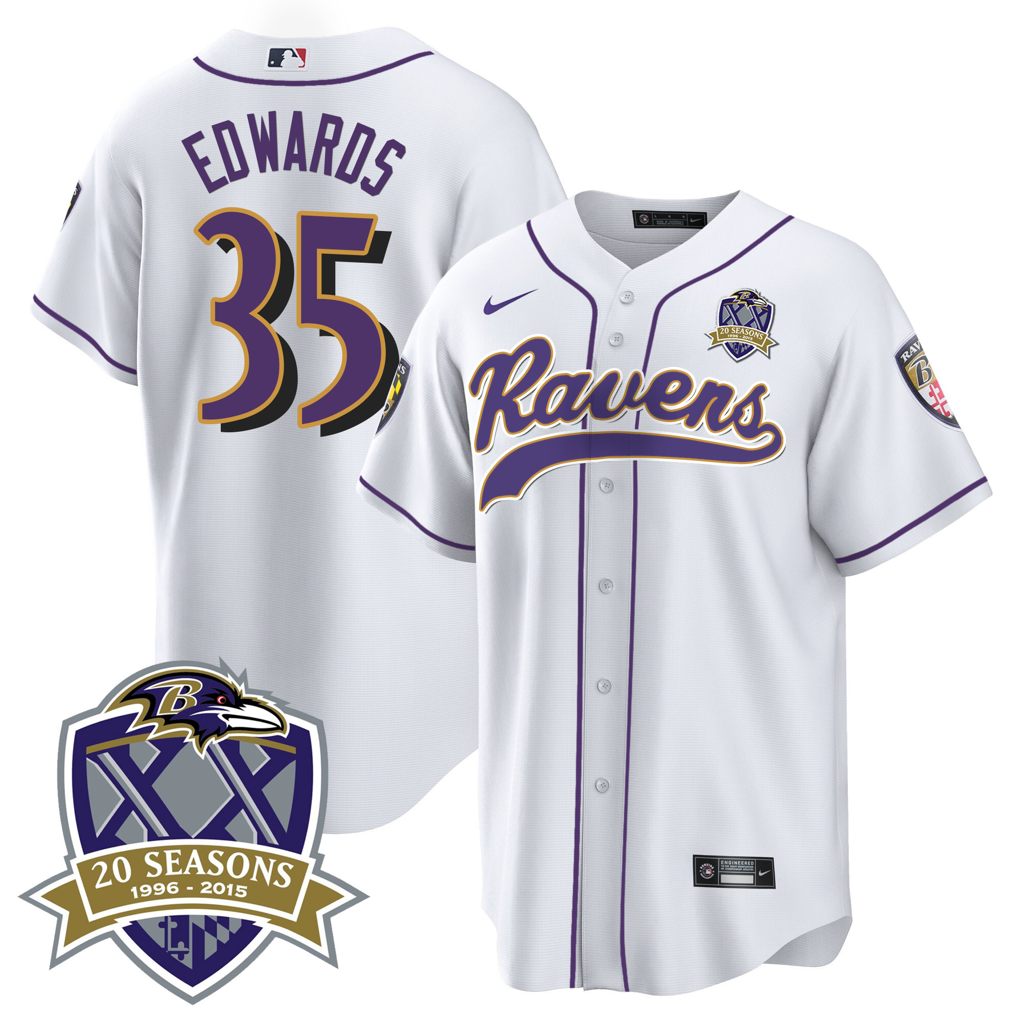 Gus Edwards Men's Baltimore Ravens 20Th Season Patch Baseball White Jersey All Stitched