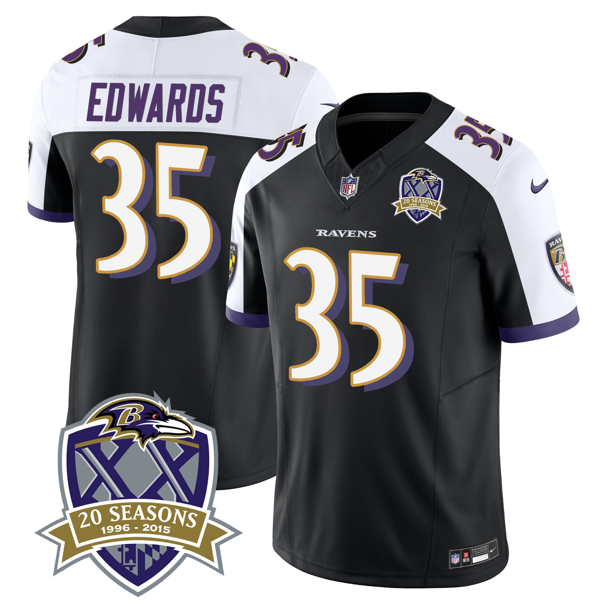 Gus Edwards Men's Baltimore Ravens 20Th Season Patch Vapor Limited Black Alternate Jersey All Stitched
