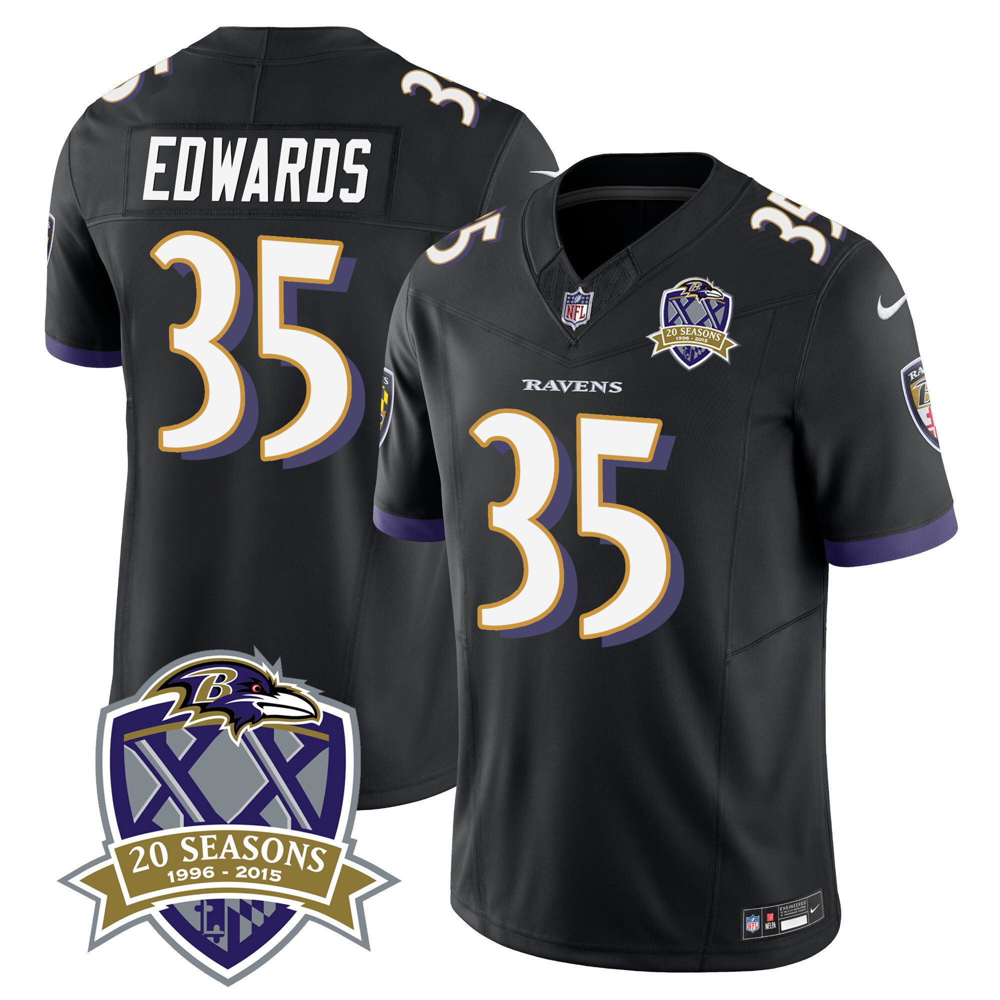 Gus Edwards Men's Baltimore Ravens 20Th Season Patch Vapor Limited Black Jersey All Stitched