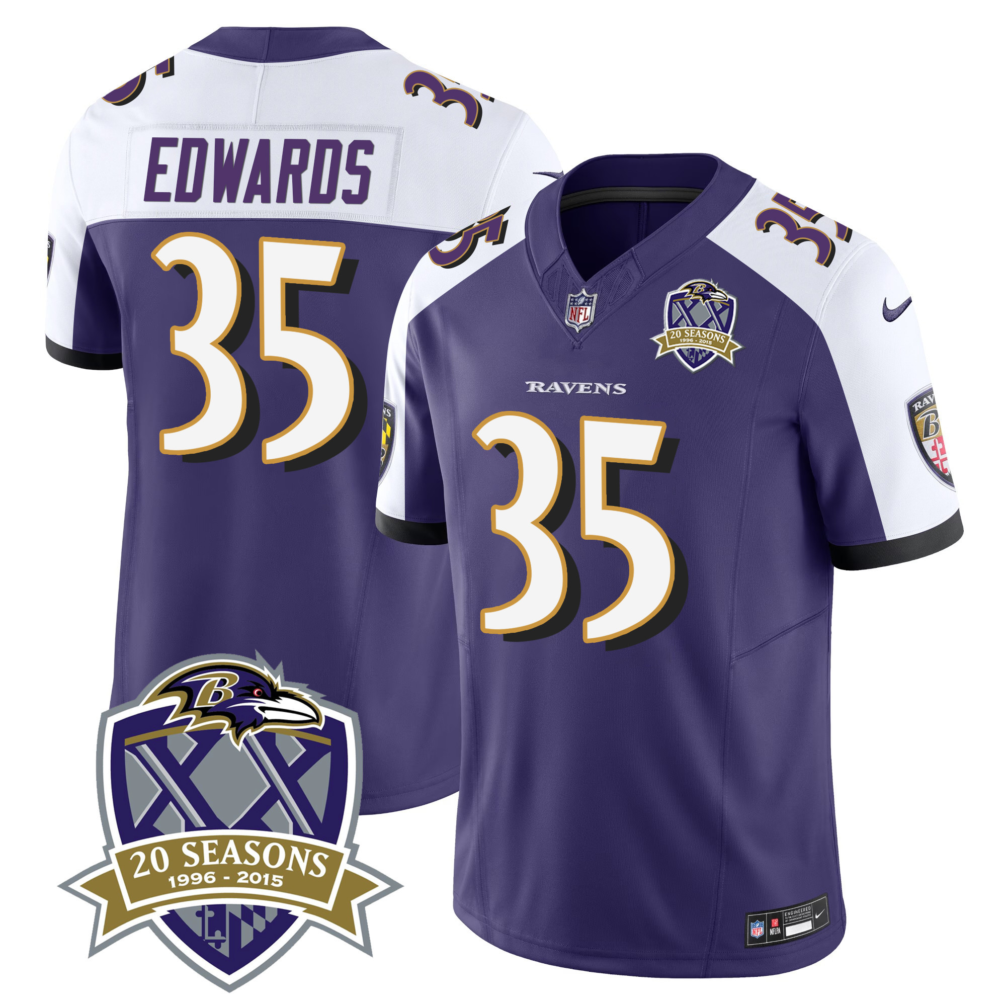Gus Edwards Men's Baltimore Ravens 20Th Season Patch Vapor Limited Purple Alternate Jersey All Stitched