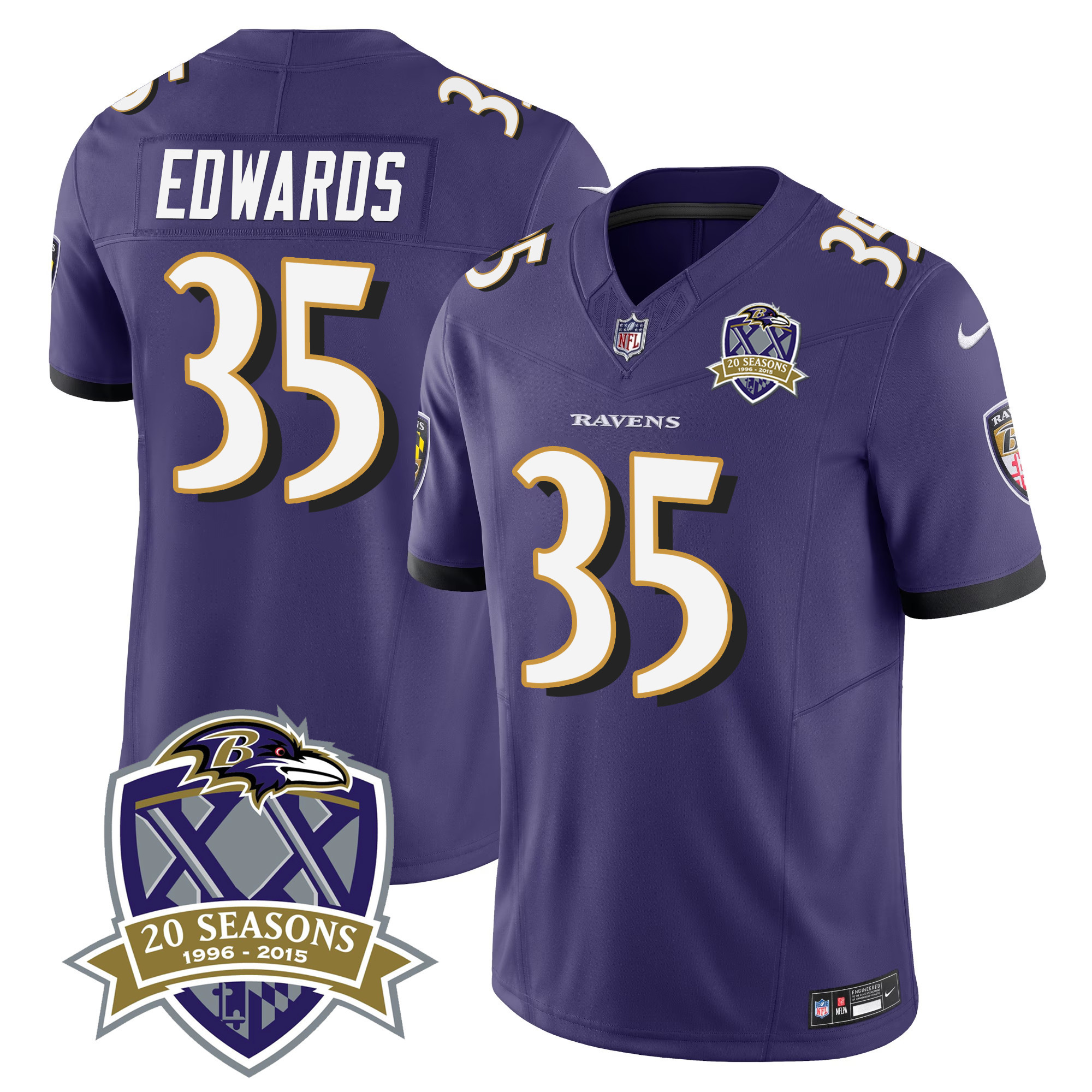 Gus Edwards Men's Baltimore Ravens 20Th Season Patch Vapor Limited Purple Jersey All Stitched