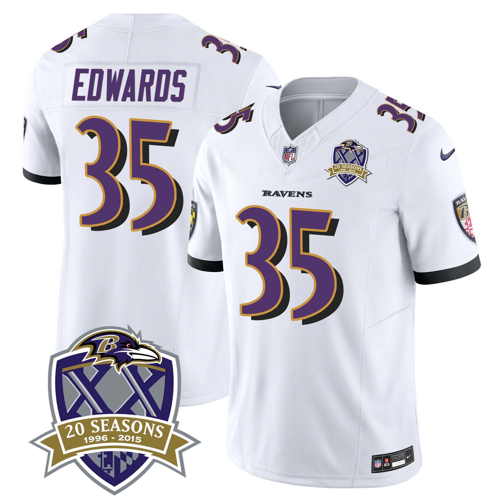 Gus Edwards Men's Baltimore Ravens 20Th Season Patch Vapor Limited White Jersey All Stitched