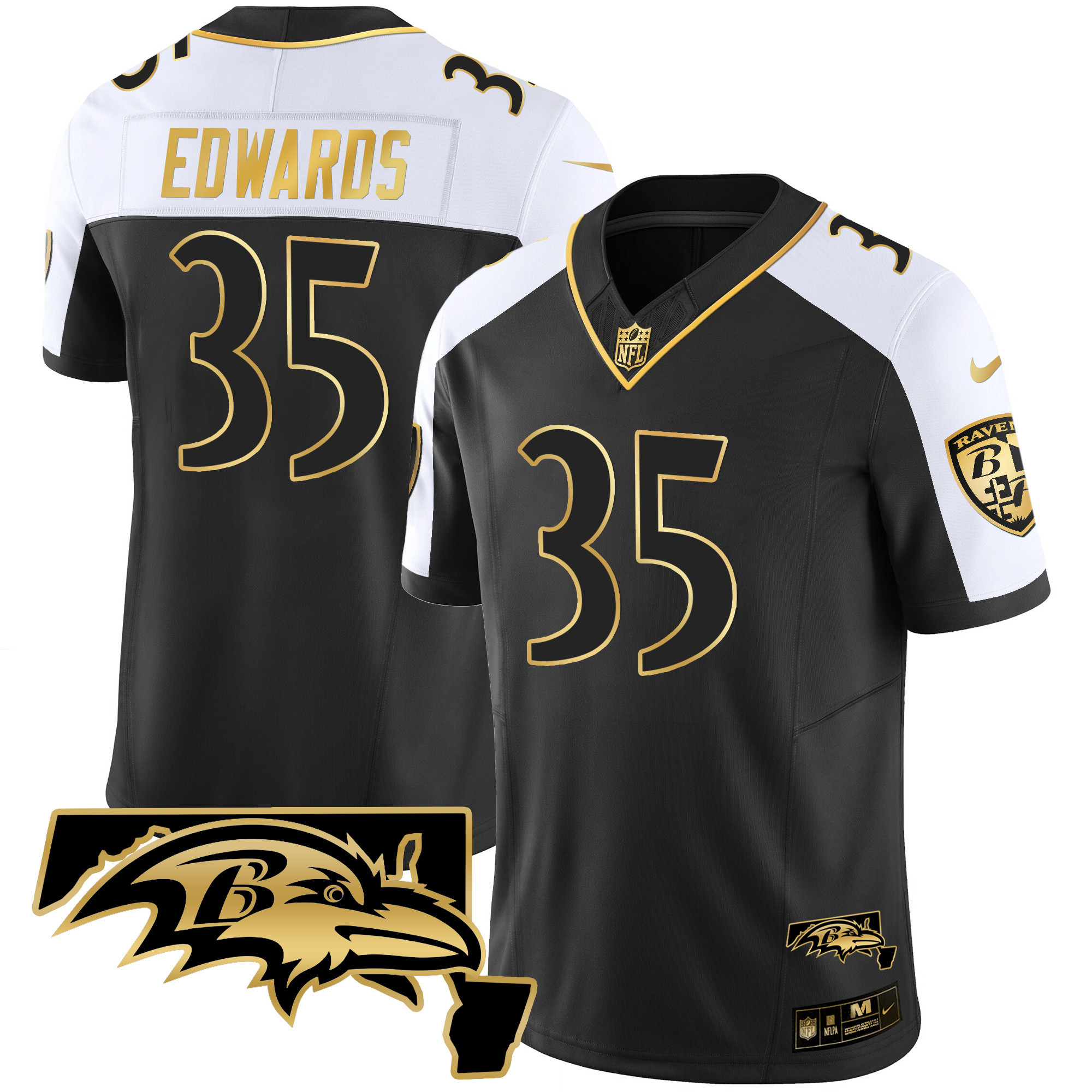 Gus Edwards Men's Baltimore Ravens Maryland Patch Vapor Gold Alternate Jersey All Stitched