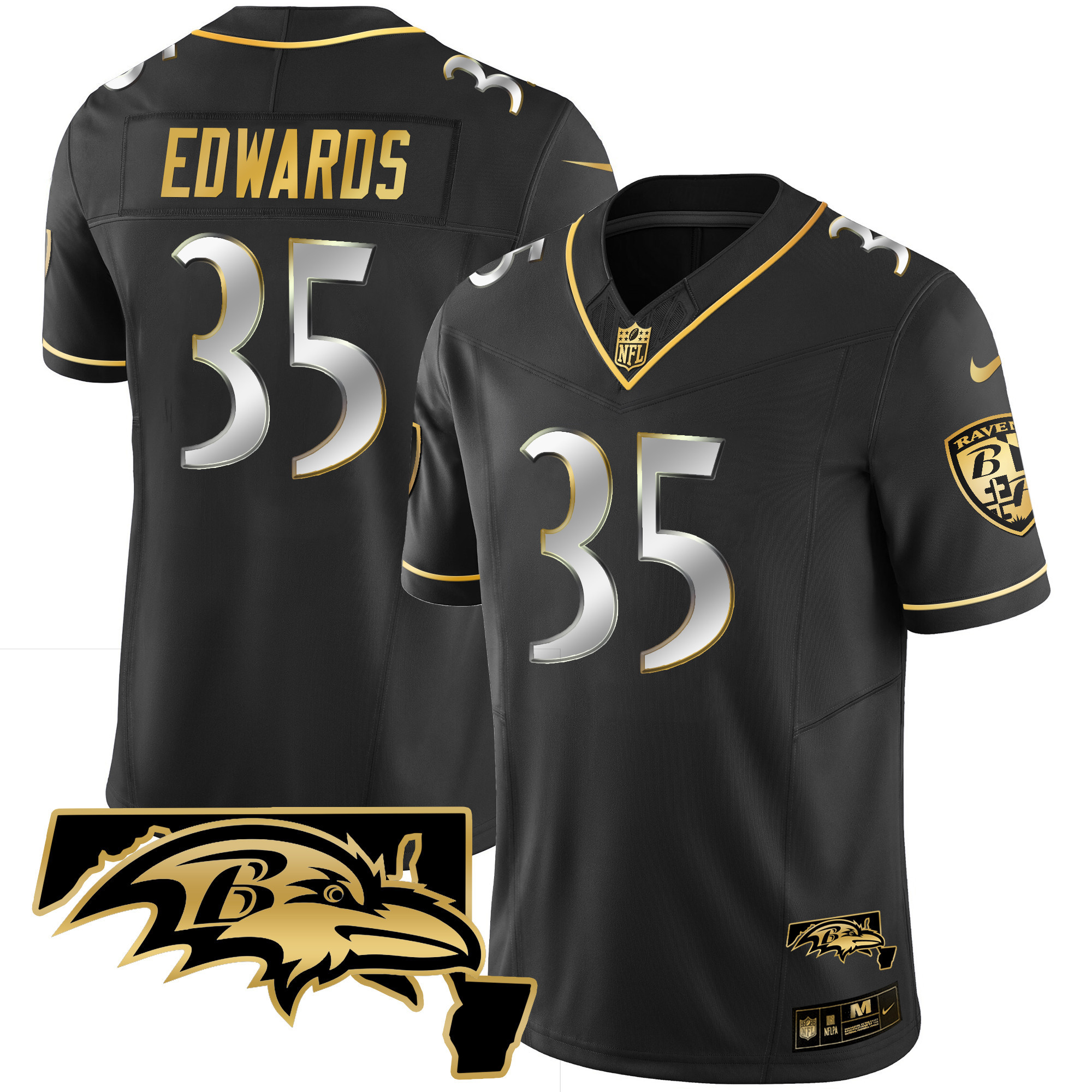 Gus Edwards Men's Baltimore Ravens Maryland Patch Vapor Gold Black Limited Jersey All Stitched