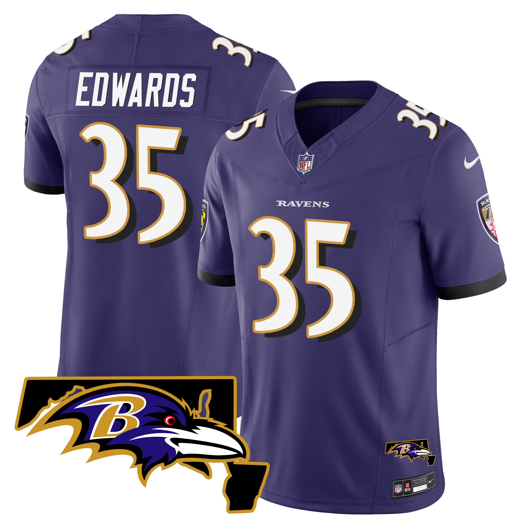 Gus Edwards Men's Baltimore Ravens Maryland Patch Vapor Limited Purple Jersey All Stitched