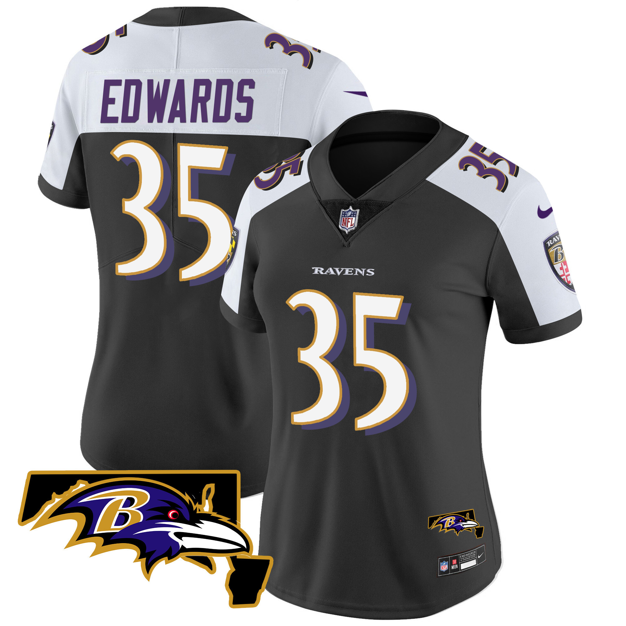 Gus Edwards WoMen's Baltimore Ravens Maryland Patch Vapor Limited Black Alternate Jersey All Stitched