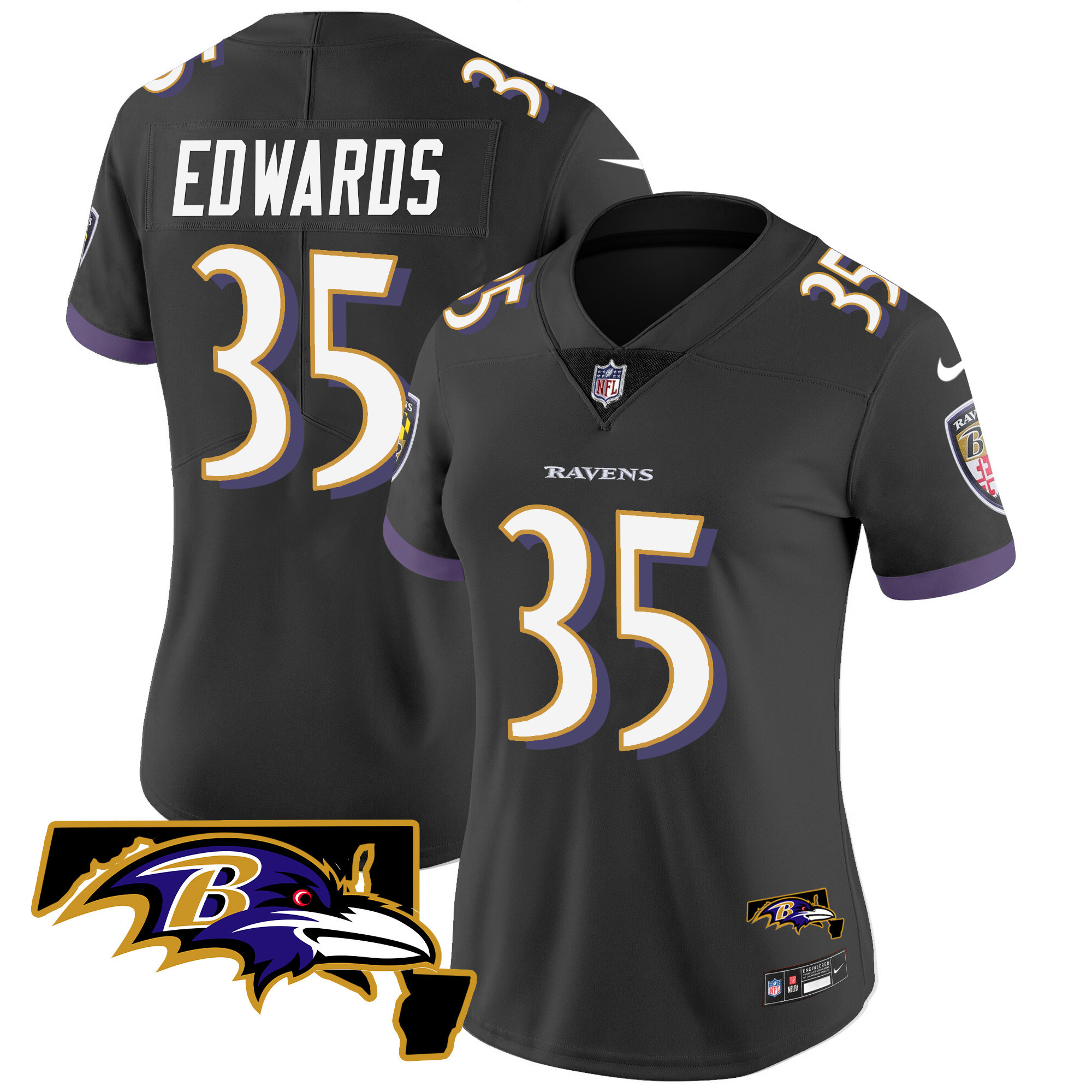 Gus Edwards WoMen's Baltimore Ravens Maryland Patch Vapor Limited Black Jersey All Stitched