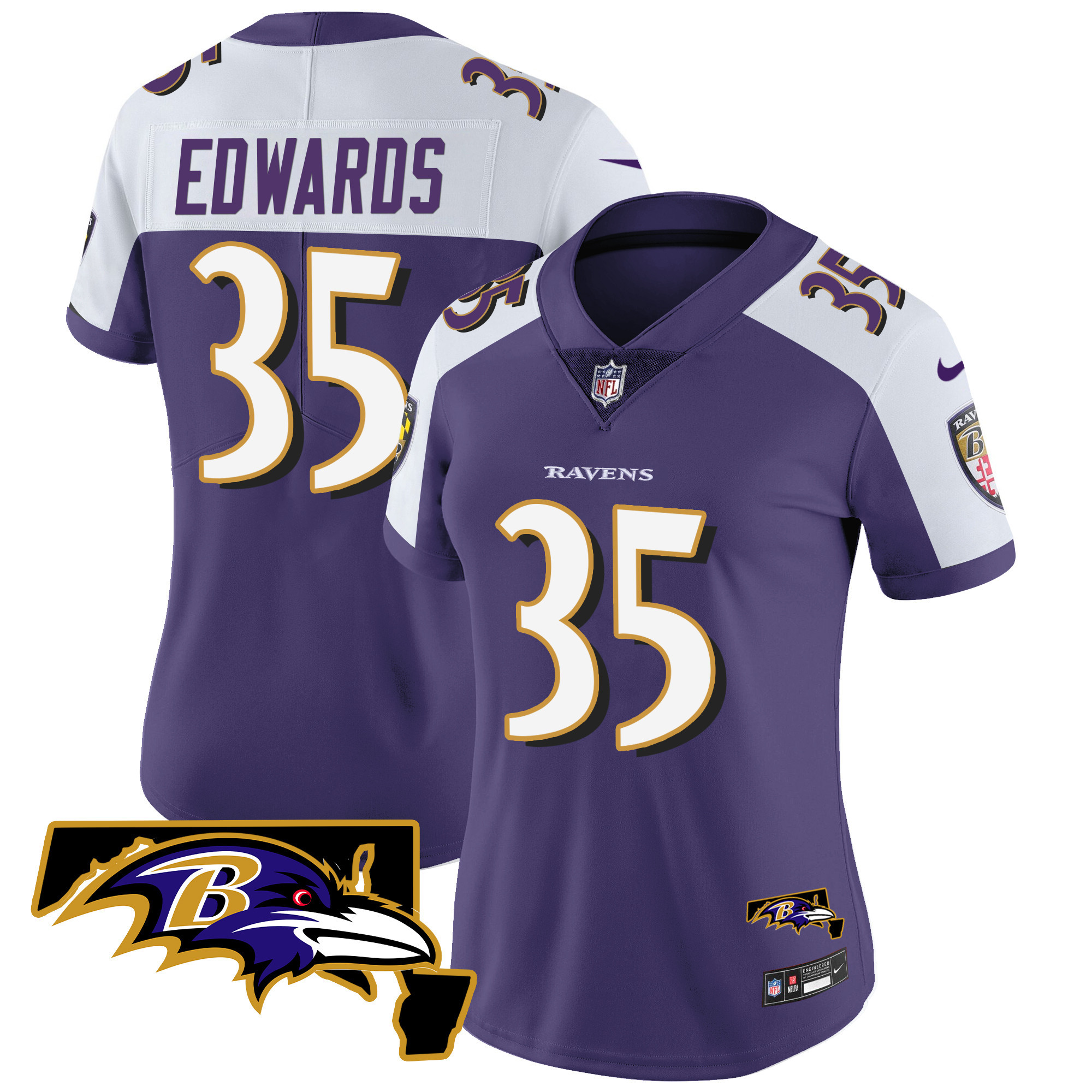 Gus Edwards WoMen's Baltimore Ravens Maryland Patch Vapor Limited Purple Alternate Jersey All Stitched