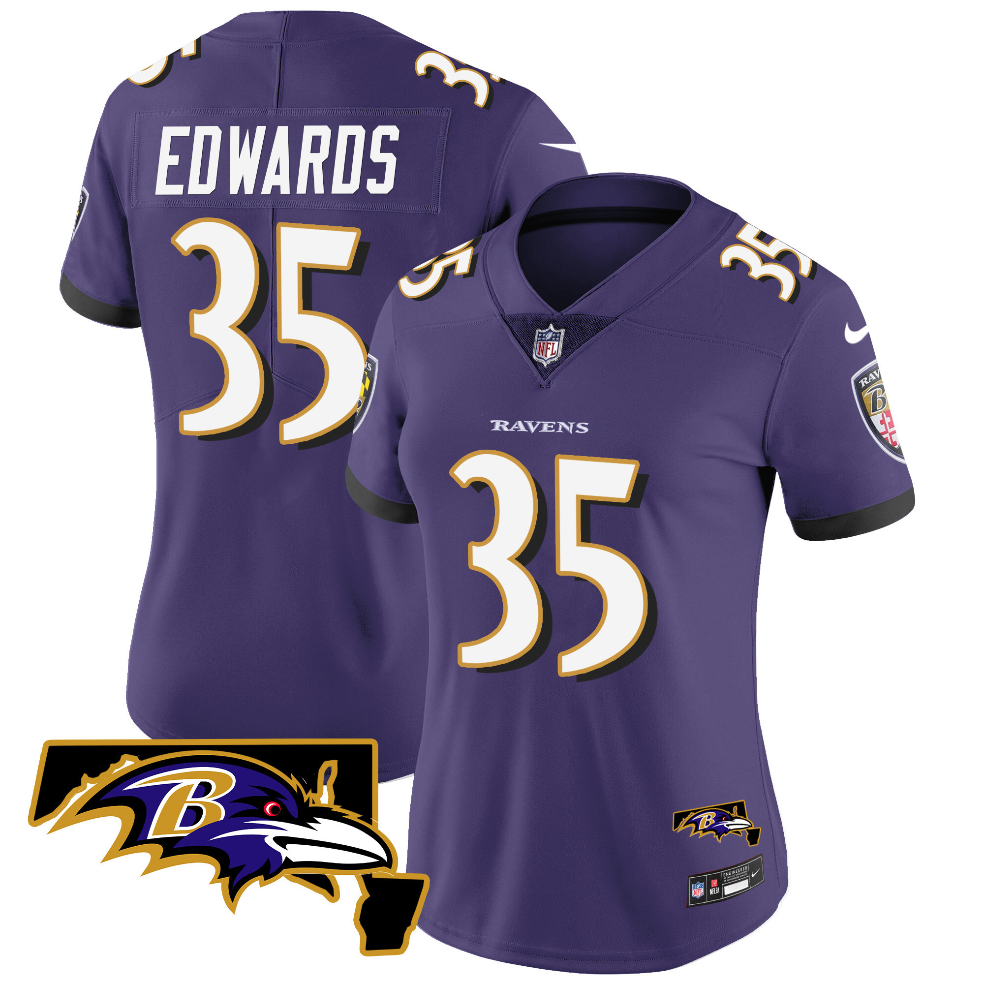 Gus Edwards WoMen's Baltimore Ravens Maryland Patch Vapor Limited Purple Jersey All Stitched
