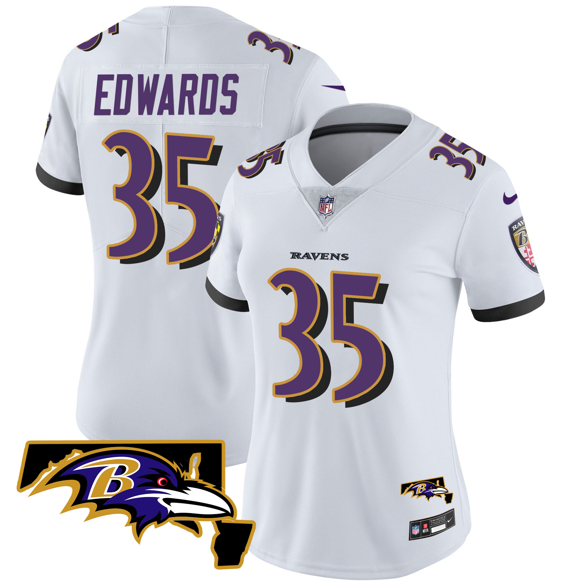 Gus Edwards WoMen's Baltimore Ravens Maryland Patch Vapor Limited White Jersey All Stitched