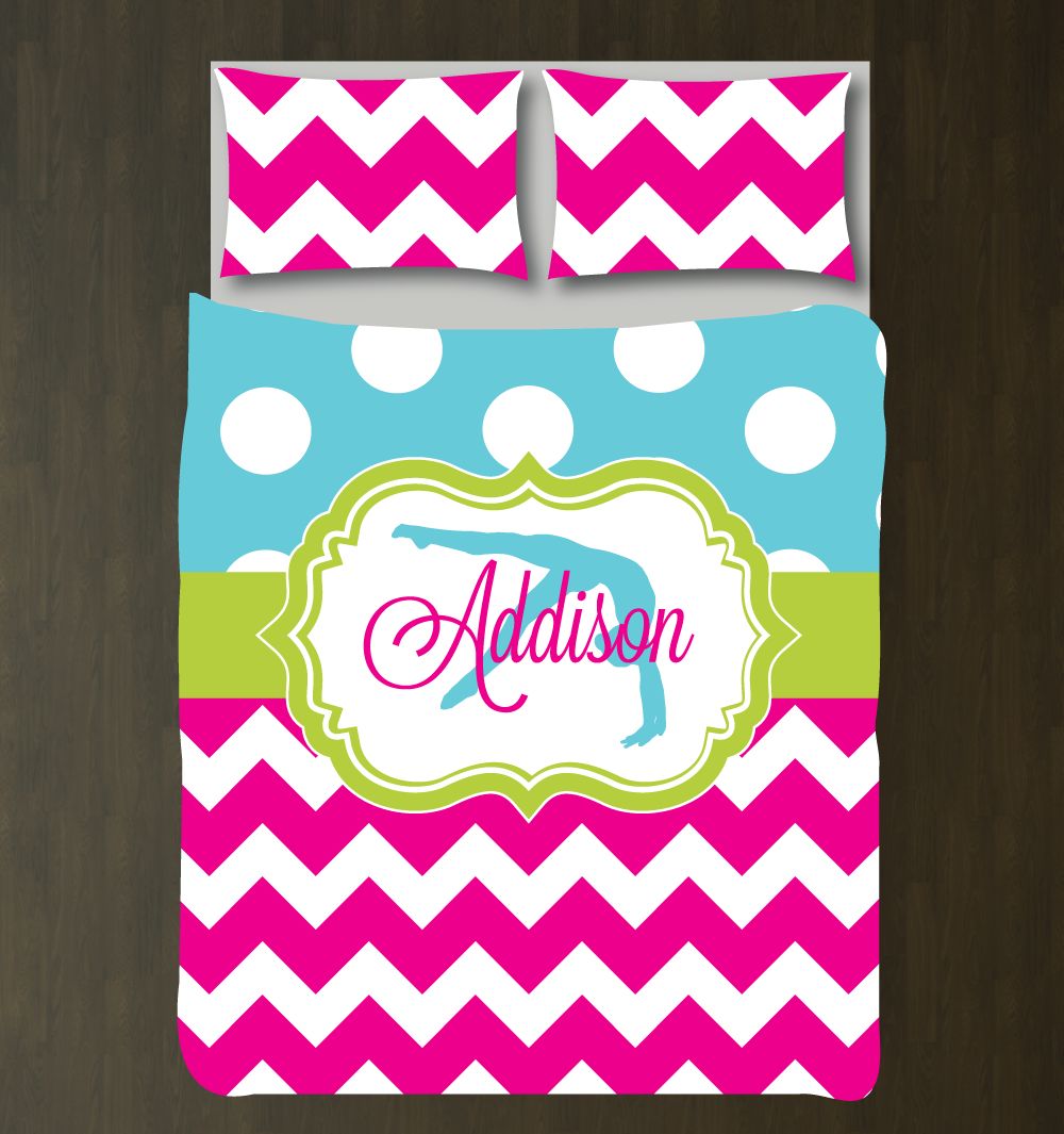 Gymnastics With Polka Dots And Chevron Customized Bright Chartreuse, Aqua And Hot Pink Duvet Cover Bedding Set