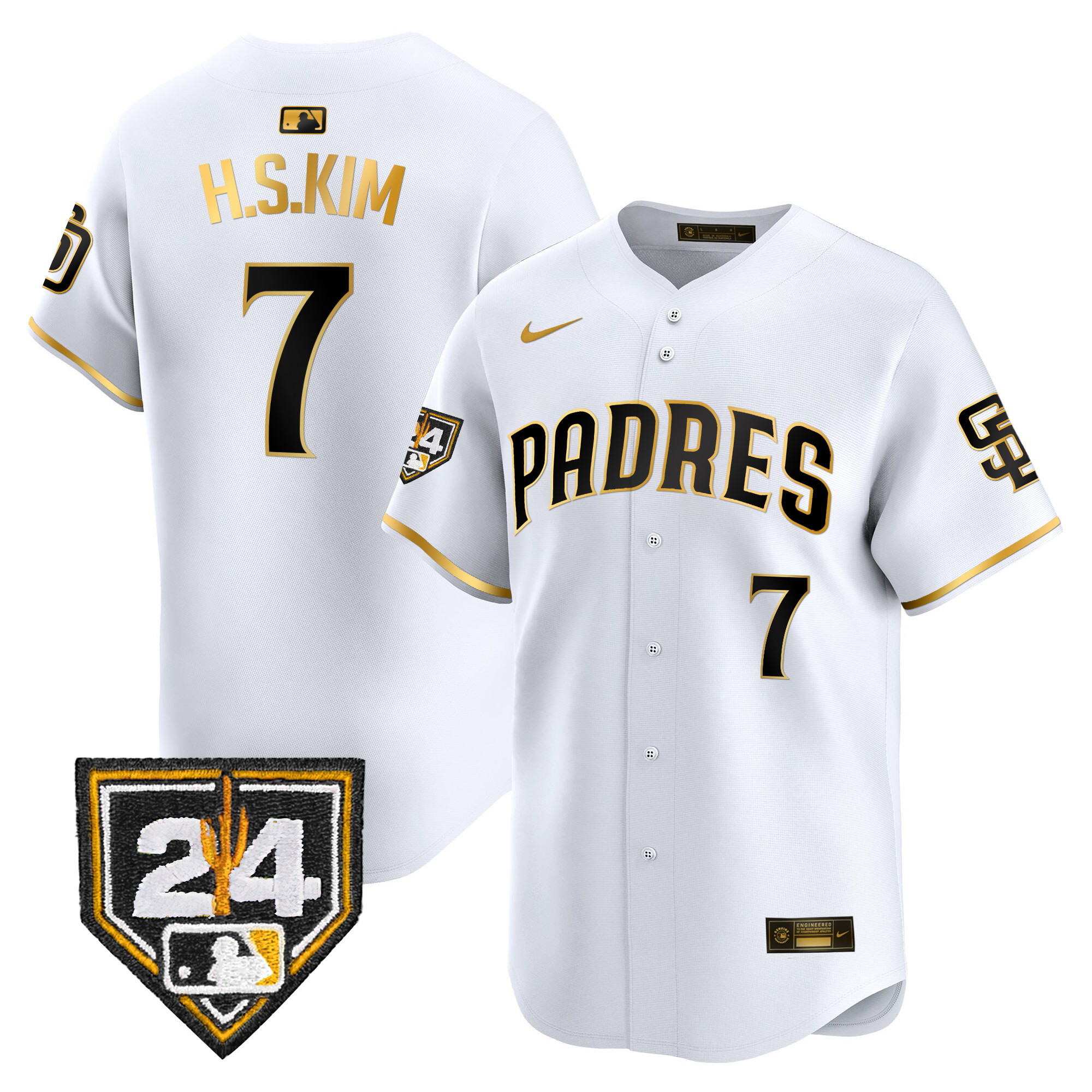 Ha-Seong Kim Men's San Diego Padres 2024 Spring Training Patch Vapor Premier Limited White Gold Jersey - All Stitched