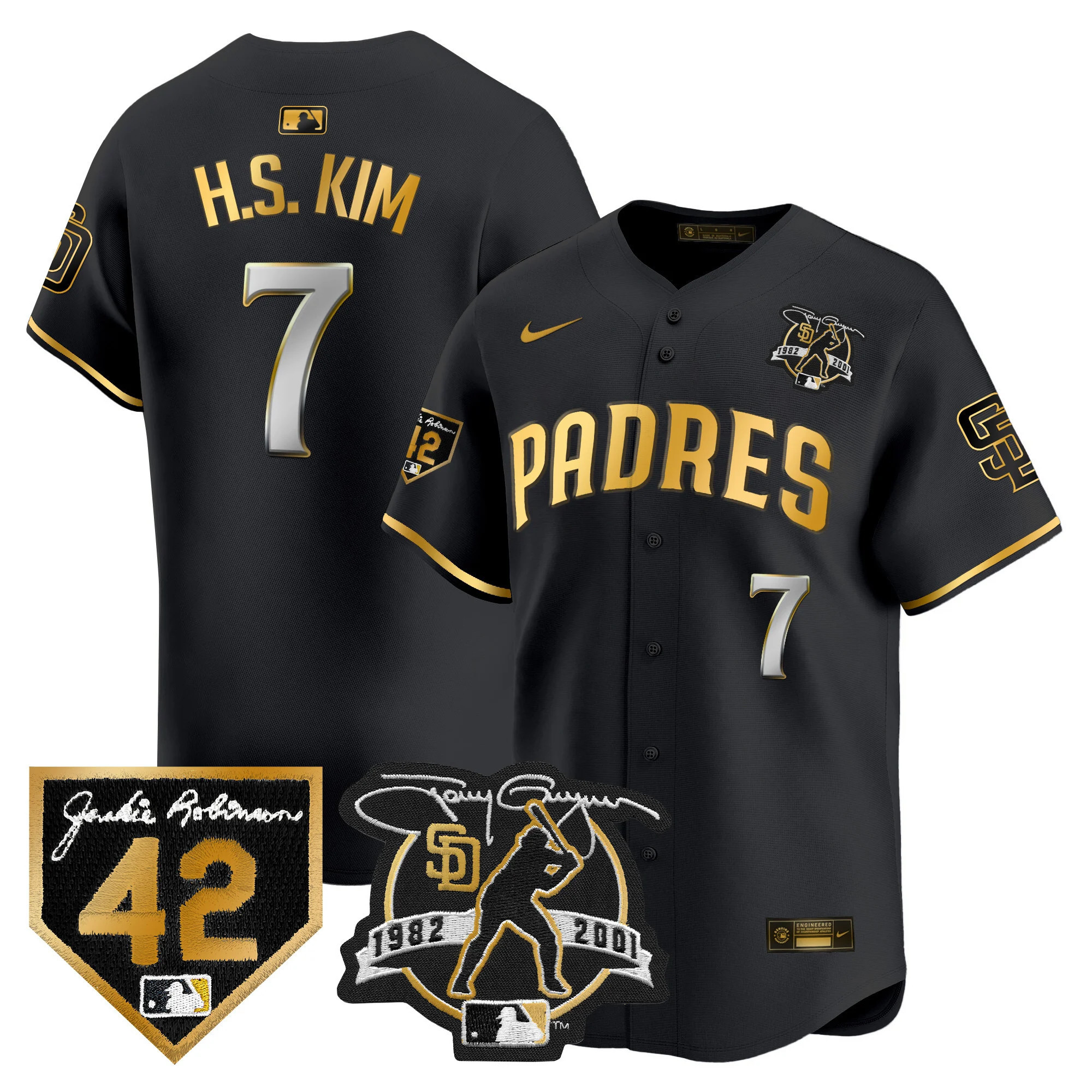 Ha-Seong Kim Men's San Diego Padres 2024 Tony Gwynn & Robinson Patch Vapor Premier Limited Black Gold Jersey - All Stitched