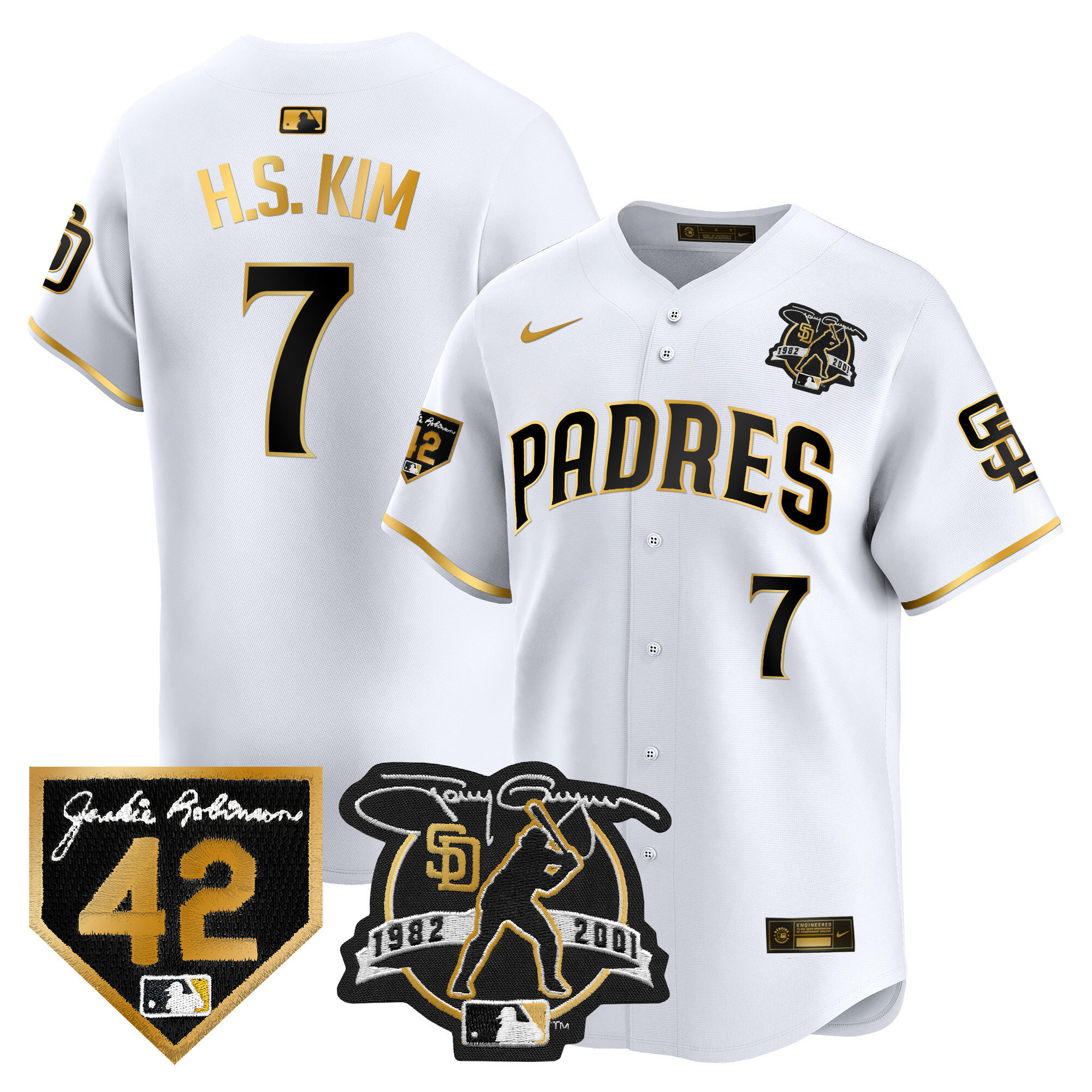 Ha-Seong Kim Men's San Diego Padres 2024 Tony Gwynn & Robinson Patch Vapor Premier Limited White Gold Jersey - All Stitched