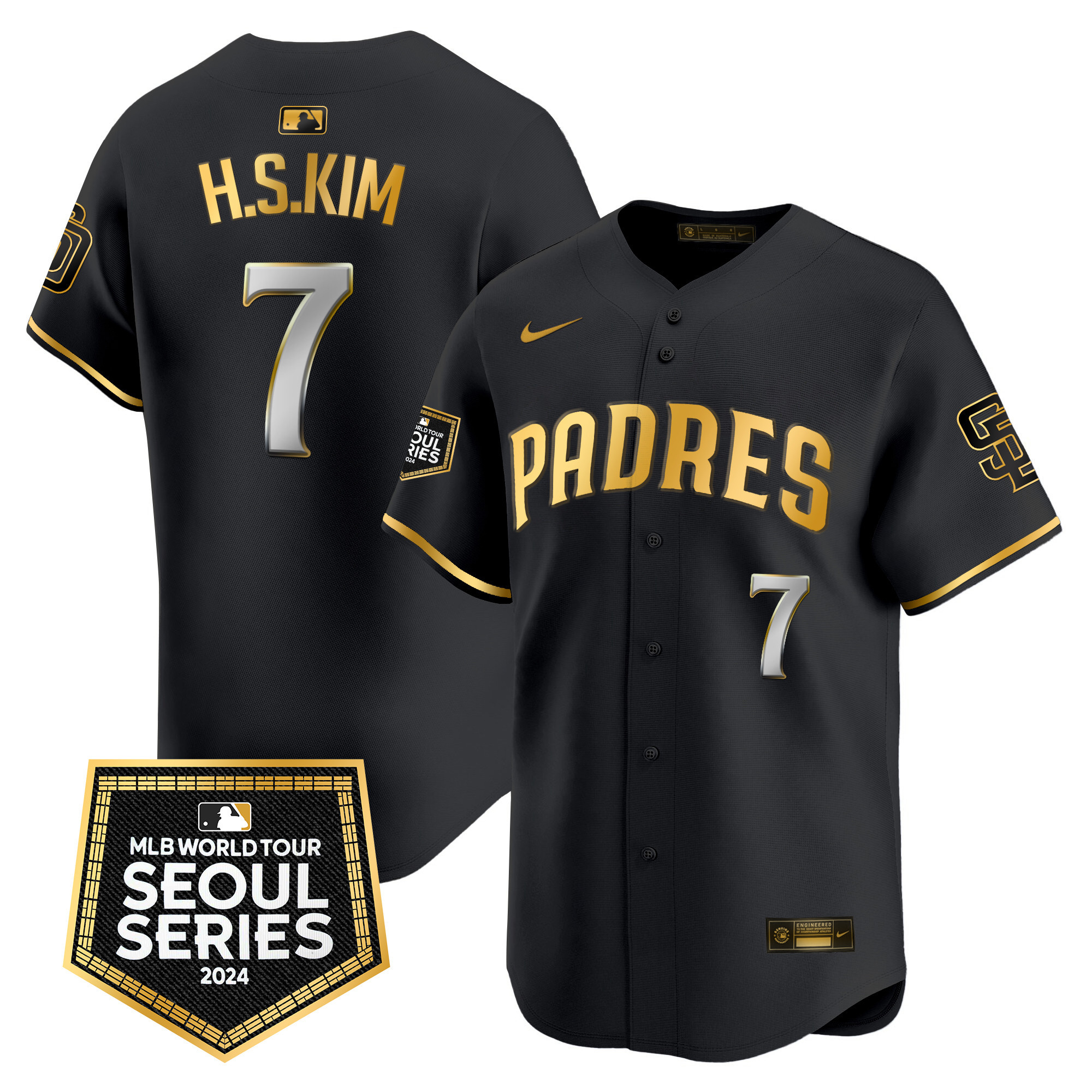 Ha-Seong Kim Men's San Diego Padres 2024 World Tour Seoul Series Patch Vapor Premier Limited Black Gold Jersey - All Stitched