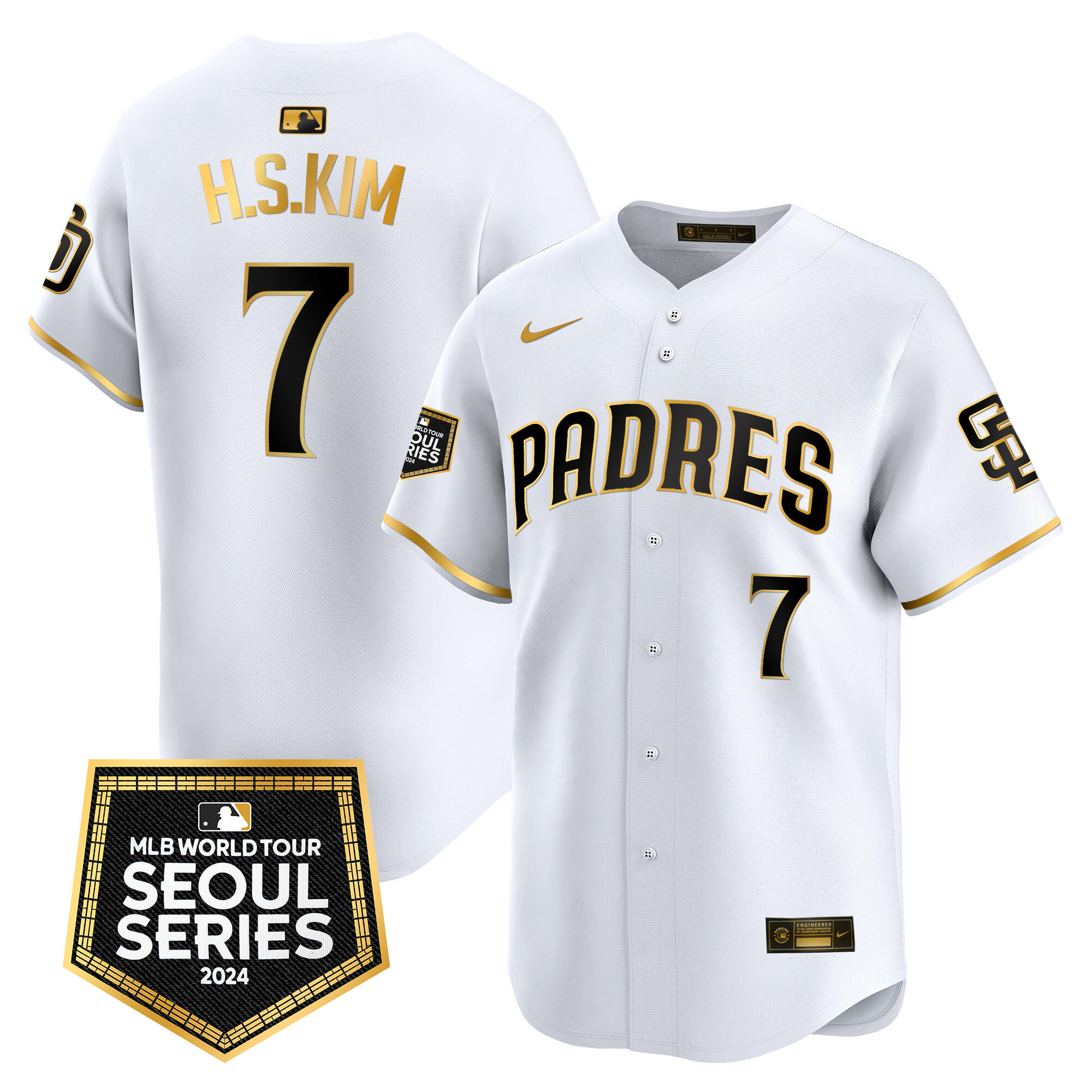 Ha-Seong Kim Men's San Diego Padres 2024 World Tour Seoul Series Patch Vapor Premier Limited White Gold Jersey - All Stitched