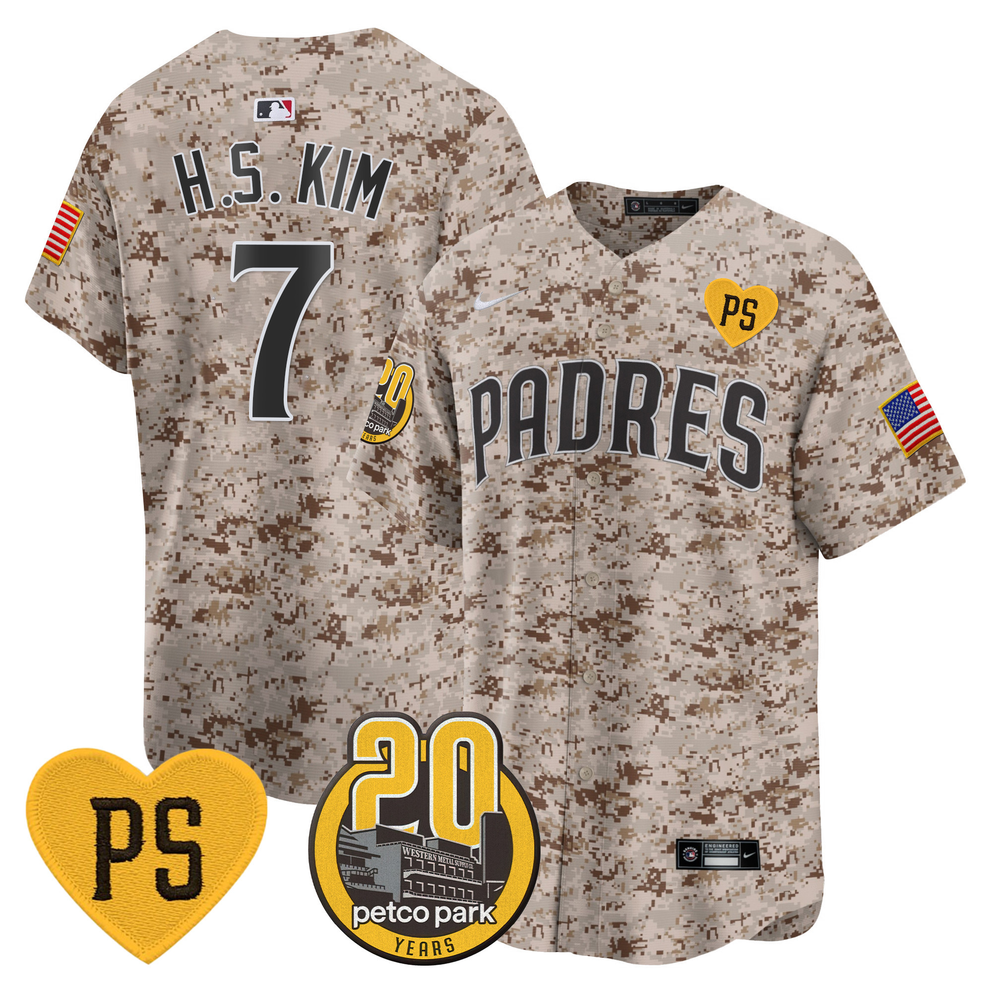 Ha-Seong Kim Men's San Diego Padres "For Peter" & Petco Park 20th Patch USMC Vapor Premier Limited Desert Jersey - All Stitched