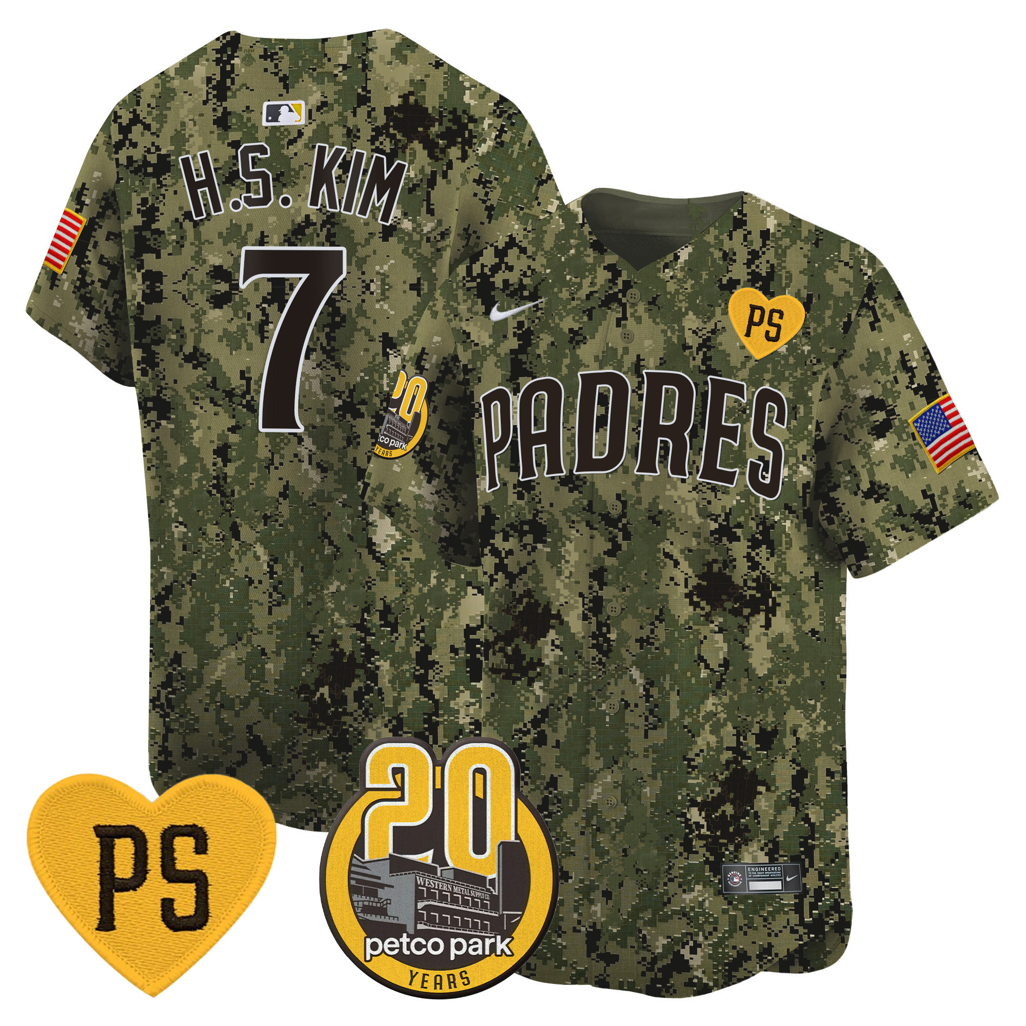 Ha-Seong Kim Men's San Diego Padres "For Peter" & Petco Park 20th Patch USMC Vapor Premier Limited Woodland Jersey - All Stitched