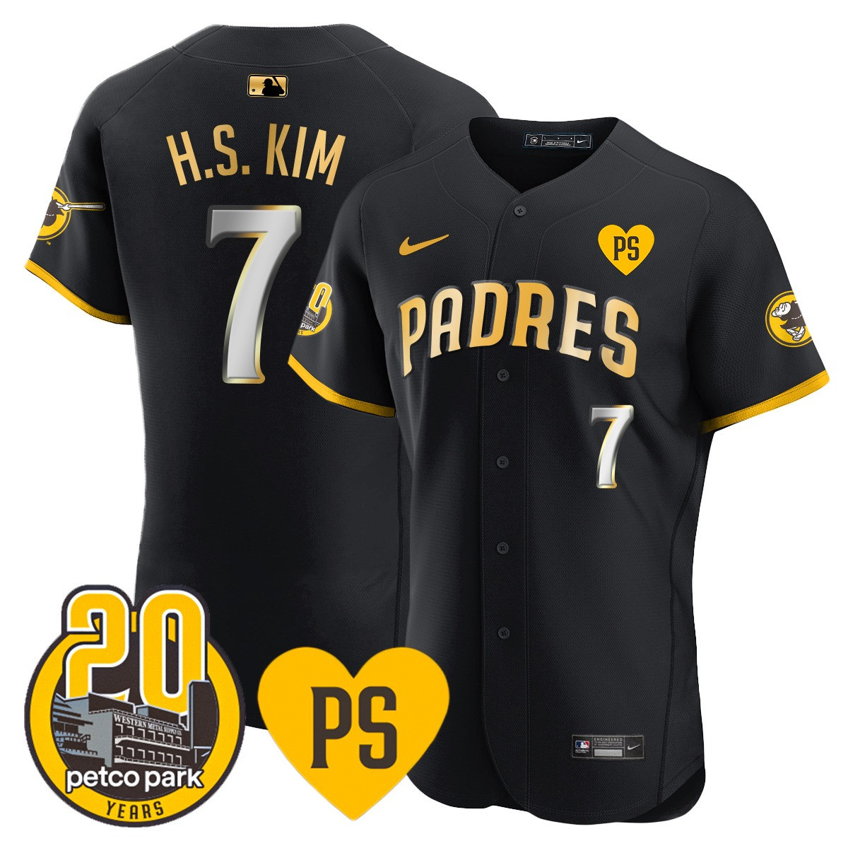 Ha-Seong Kim Men's San Diego Padres "For Peter" & Petco Park 20th Patch Vapor Premier Elite Black Gold Jersey - All Stitched