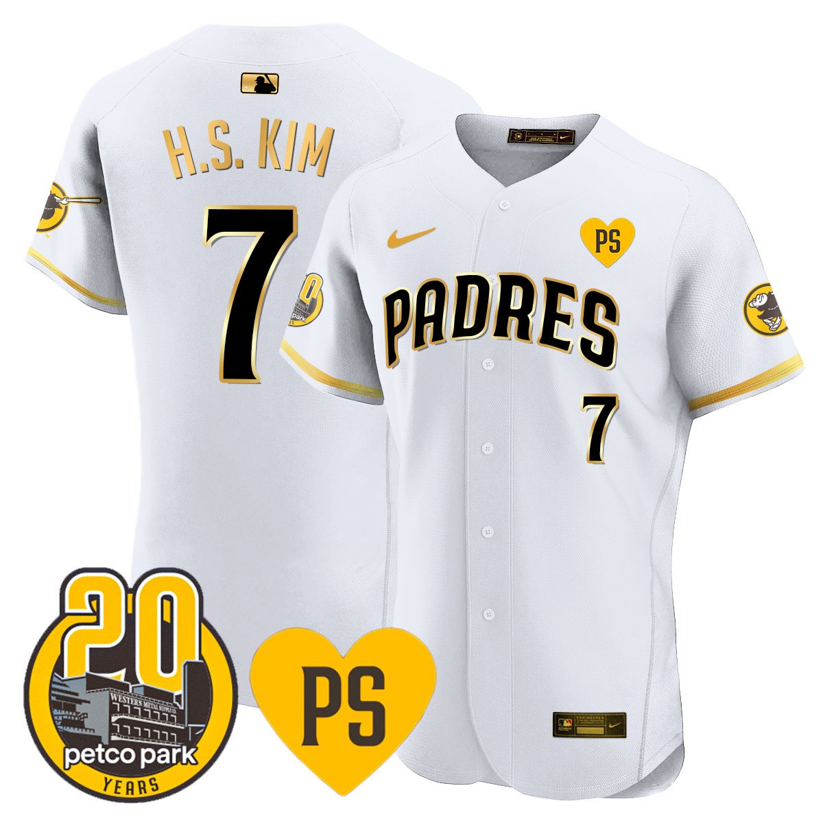 Ha-Seong Kim Men's San Diego Padres "For Peter" & Petco Park 20th Patch Vapor Premier Elite White Gold Jersey - All Stitched