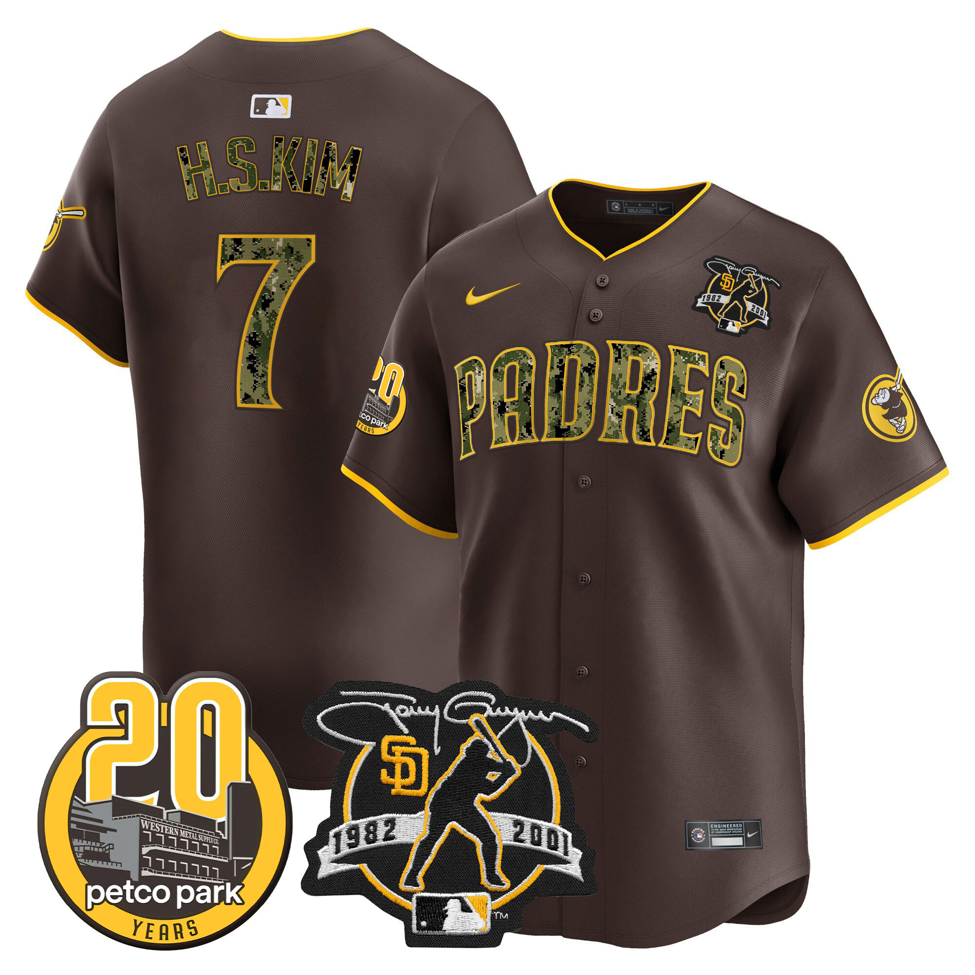 Ha-Seong Kim Men's San Diego Padres Tony Gwynn & Petco Park 20th Patch USMC Vapor Premier Limited V2 Brown Jersey - All Stitched