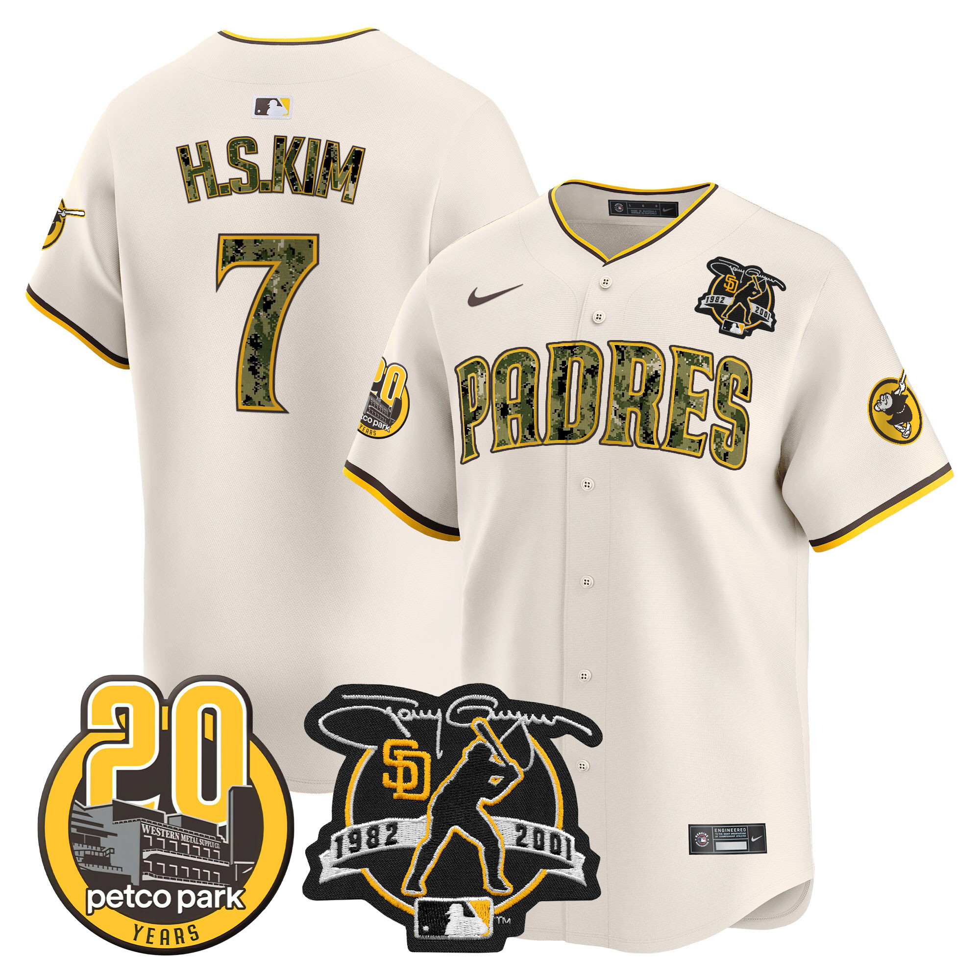 Ha-Seong Kim Men's San Diego Padres Tony Gwynn & Petco Park 20th Patch USMC Vapor Premier Limited V2 Cream Jersey - All Stitched