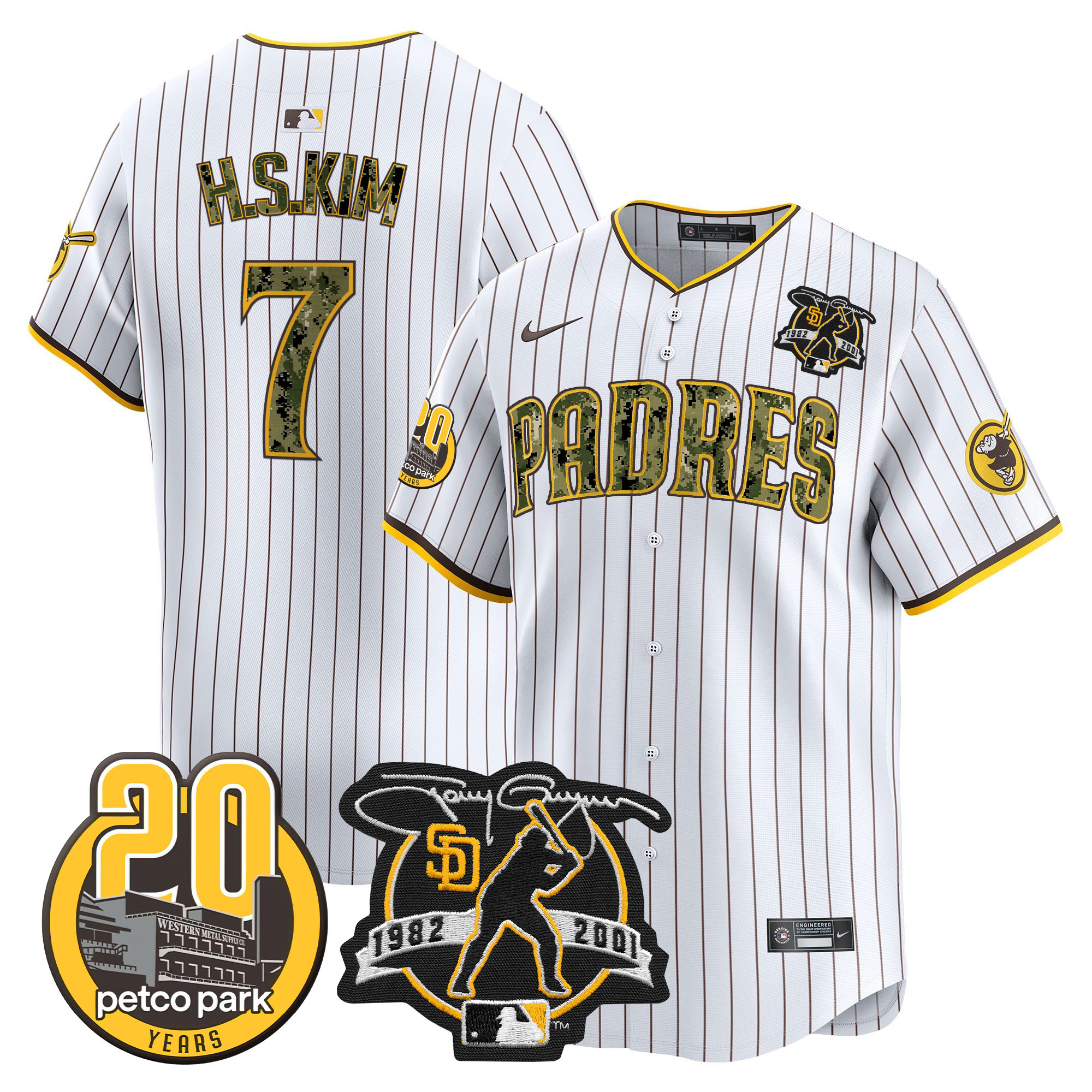 Ha-Seong Kim Men's San Diego Padres Tony Gwynn & Petco Park 20th Patch USMC Vapor Premier Limited V2 Pinstripe Jersey - All Stitched