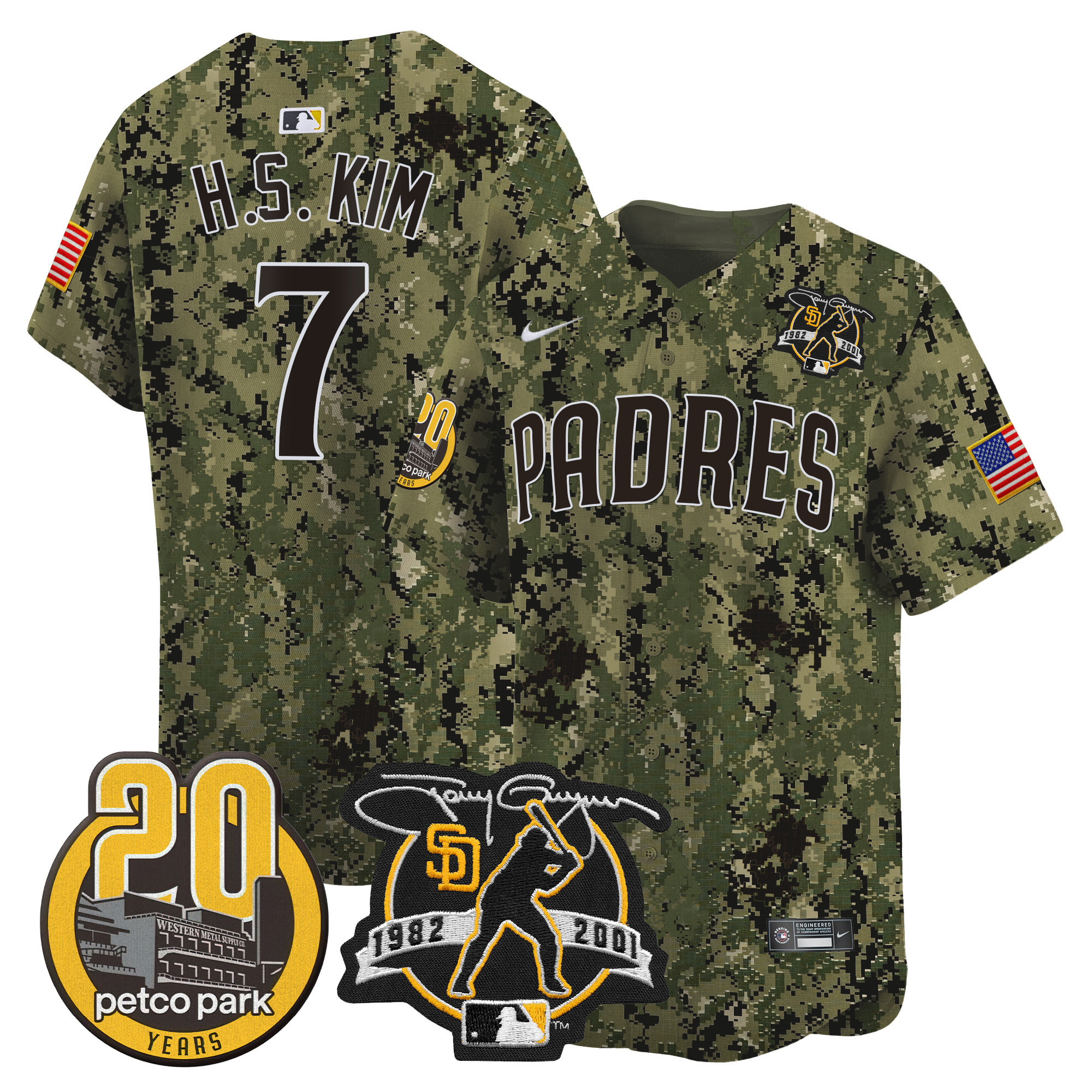 Ha-Seong Kim Men's San Diego Padres Tony Gwynn & Petco Park 20th Patch USMC Vapor Premier Limited Woodland Jersey - All Stitched
