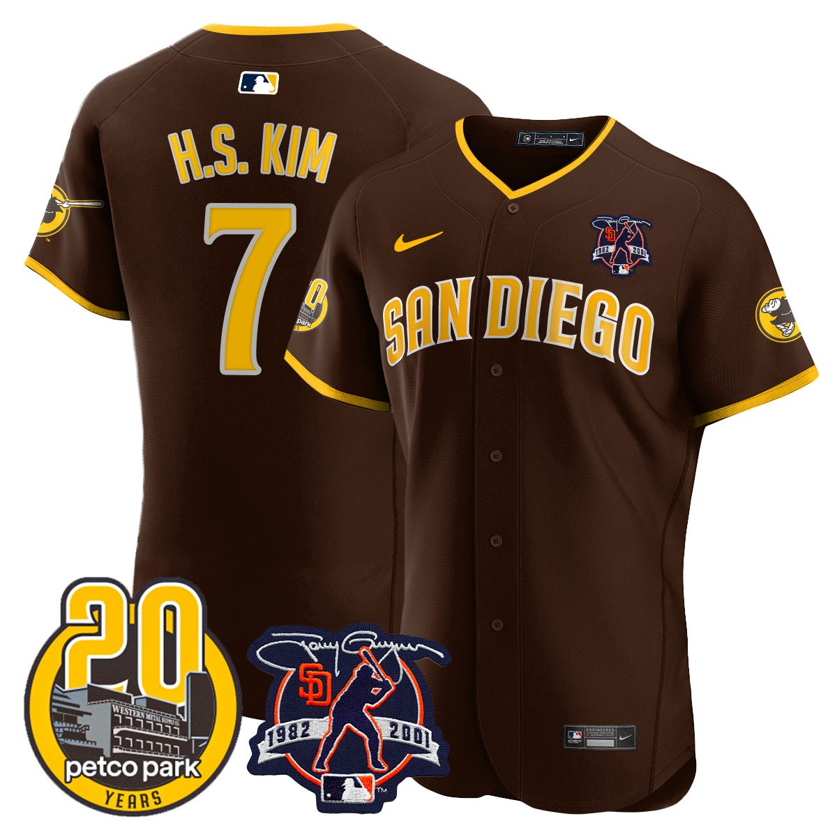 Ha-Seong Kim Men's San Diego Padres Tony Gwynn & Petco Park 20th Patch Vapor Premier Elite Brown Jersey - All Stitched
