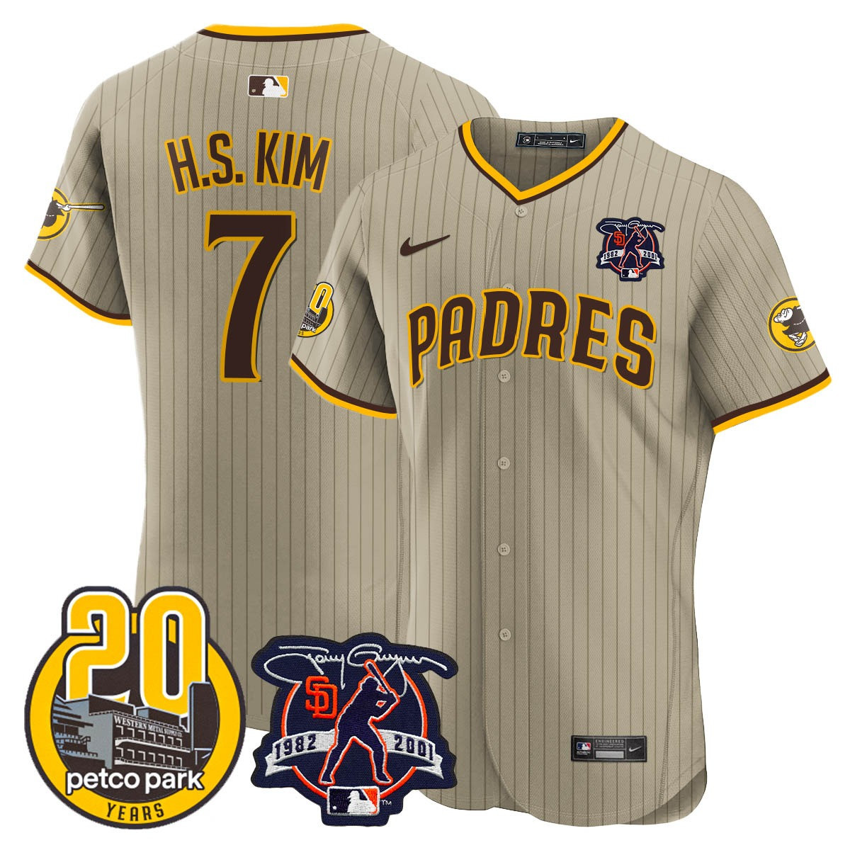Ha-Seong Kim Men's San Diego Padres Tony Gwynn & Petco Park 20th Patch Vapor Premier Elite Tan Jersey - All Stitched