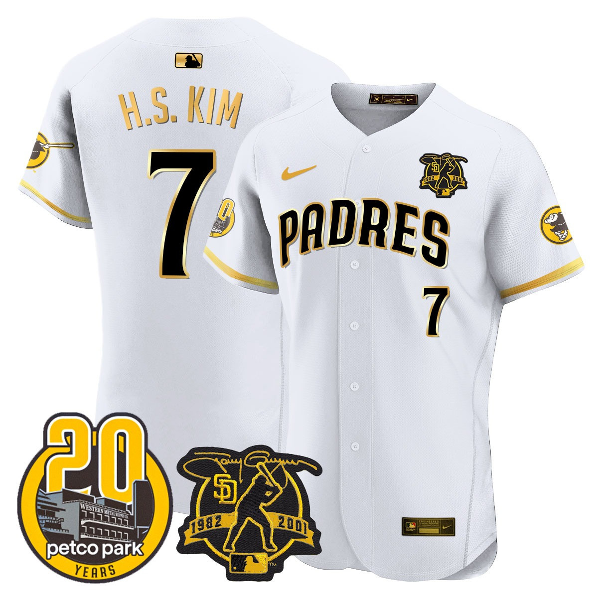 Ha-Seong Kim Men's San Diego Padres Tony Gwynn & Petco Park 20th Patch Vapor Premier Elite White Gold Jersey - All Stitched