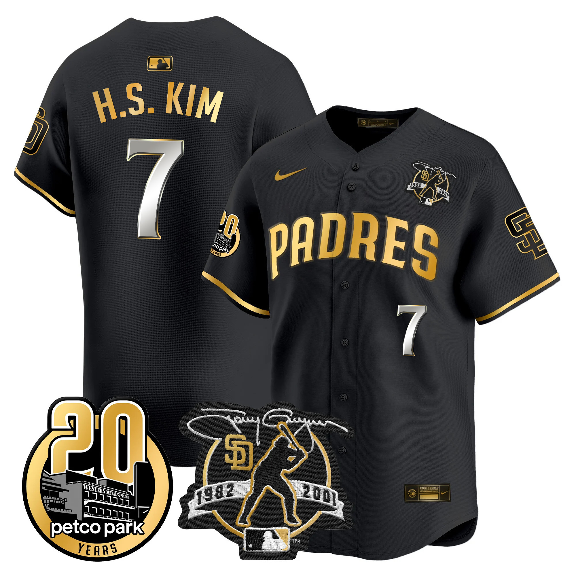 Ha-Seong Kim Men's San Diego Padres Tony Gwynn & Petco Park 20th Patch Vapor Premier Limited Black Gold Jersey - All Stitched