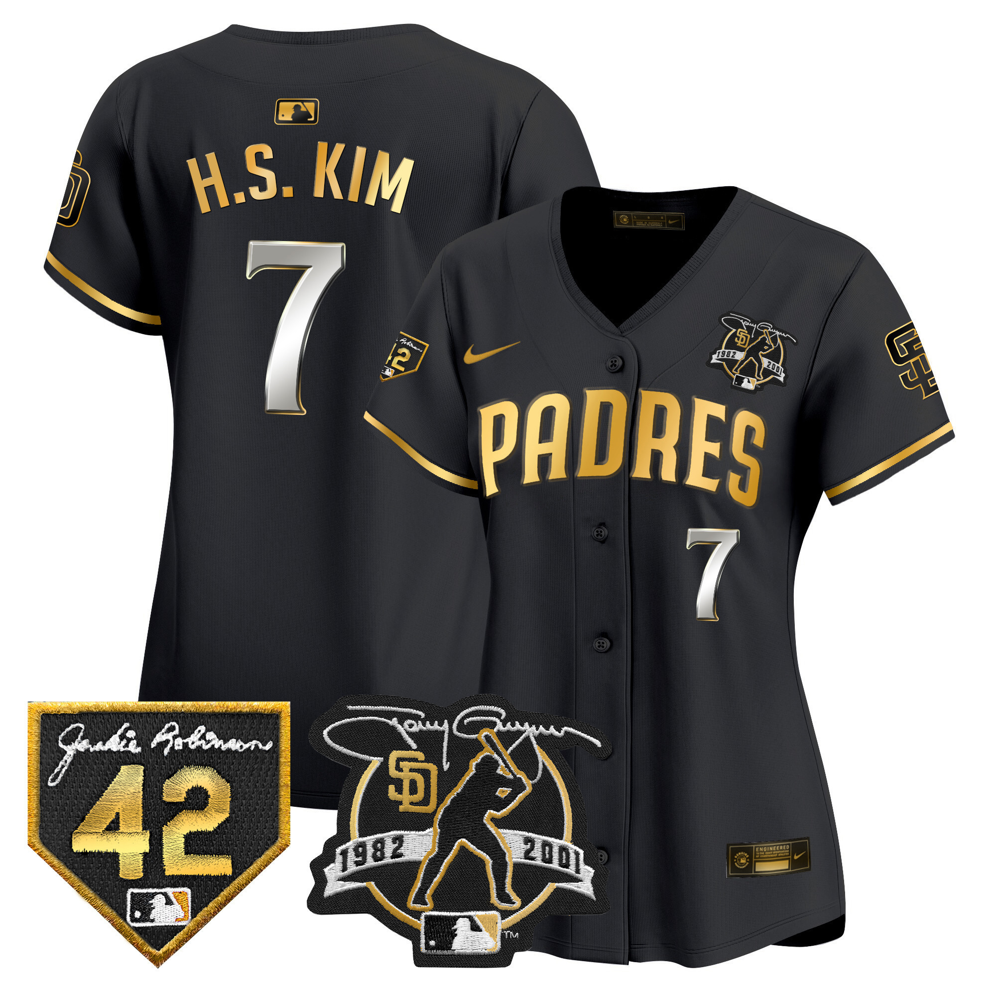 Ha-Seong Kim Women's San Diego Padres 2024 Tony Gwynn & Robinson Patch Vapor Premier Limited Black Gold Jersey - All Stitched