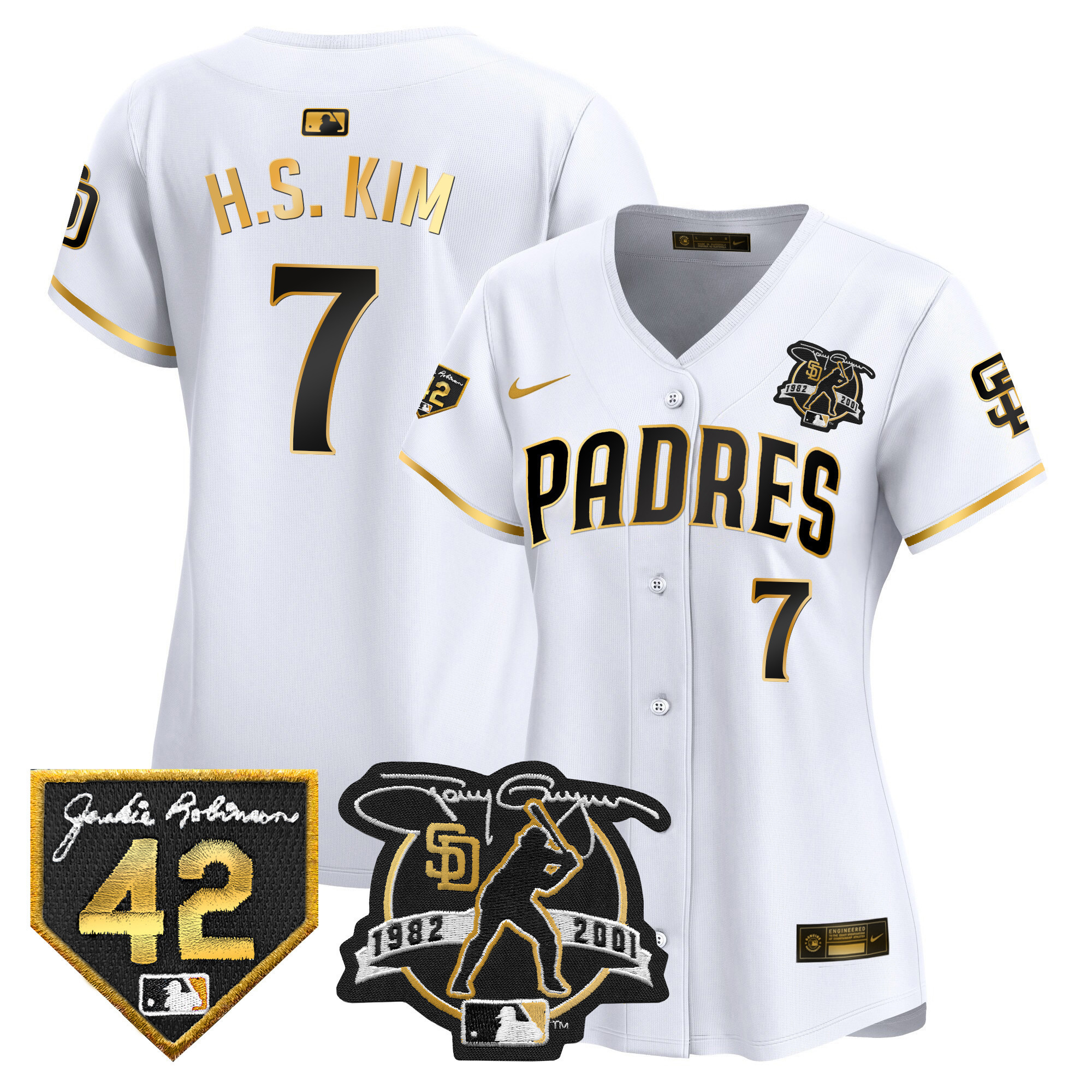 Ha-Seong Kim Women's San Diego Padres 2024 Tony Gwynn & Robinson Patch Vapor Premier Limited White Gold Jersey - All Stitched